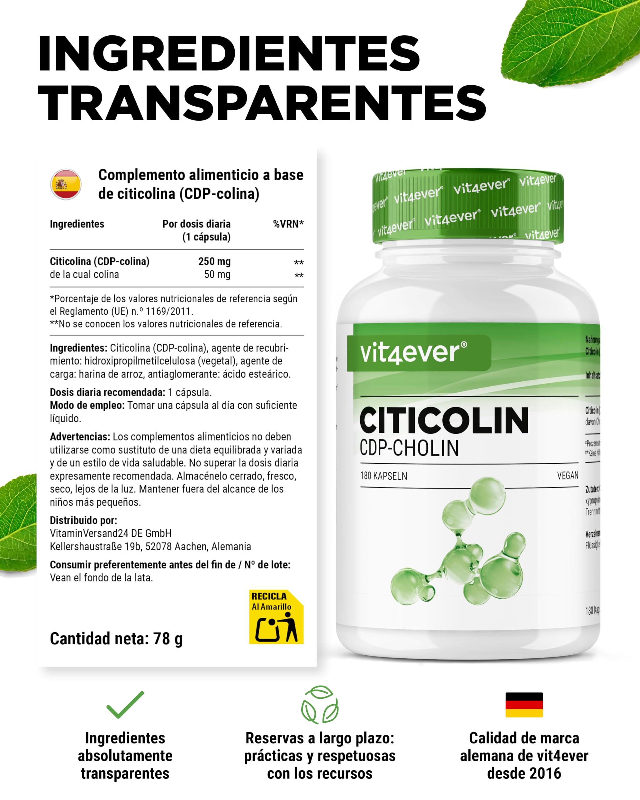 vit4ever CDP Colina (Citicolina) 250 mg - 180 Cápsulas - Alta Dosificación y Forma Bioactiva de Colina - Vegano, sin aditivos innecesarios