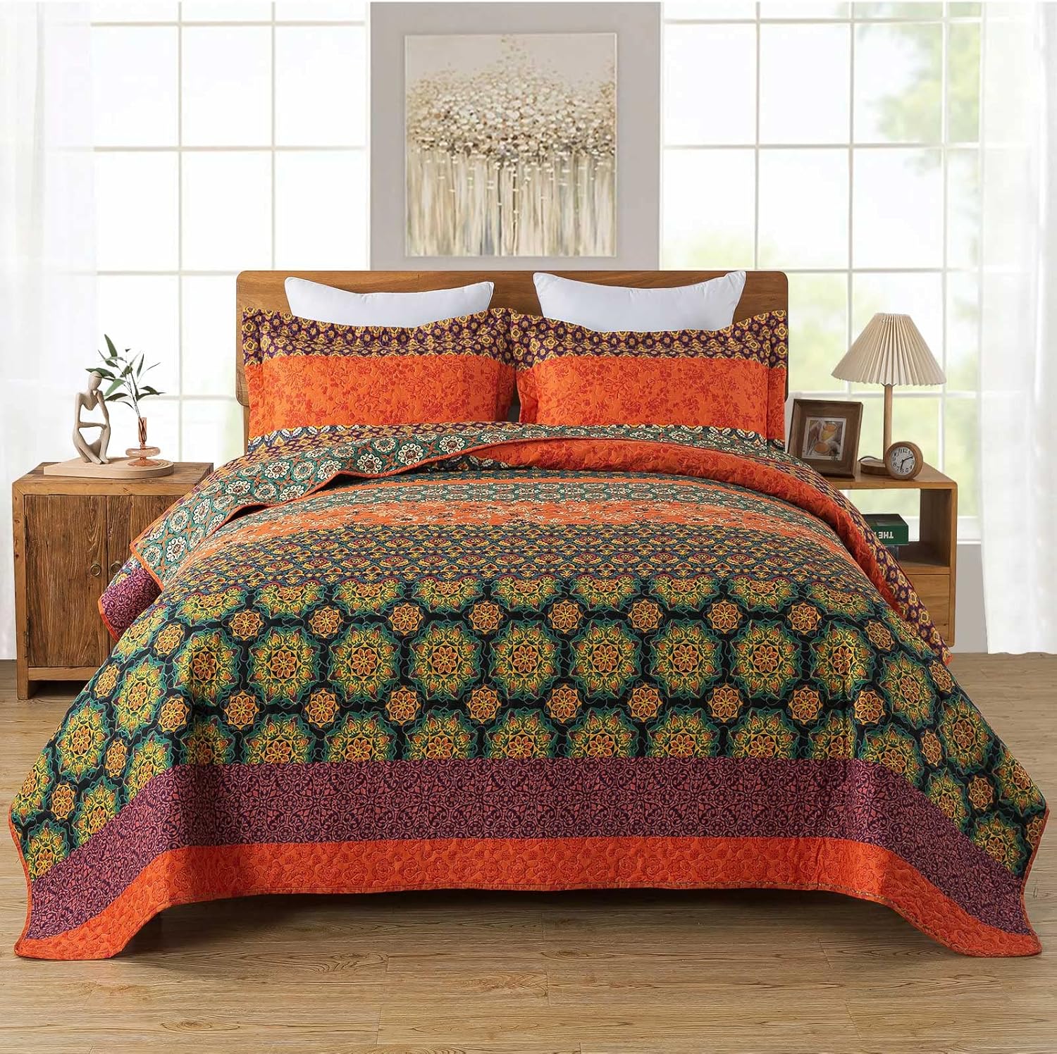 Travan Boho Stripe Quilt Sets Floral Printed Reversible Soft Bohemian Bedding Set with Shams for All Season, Orange Red Stripe, Queen Size - Image 2