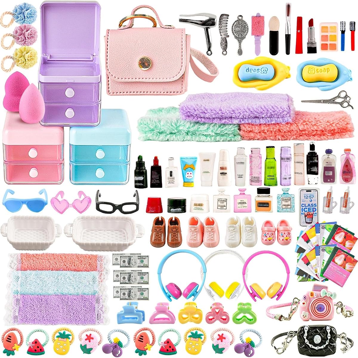 116Pcs Dollhouse Mini Accessories Set - Makeup Tools Bathroom Toiletries Handbag for DIY Micro Scene Decoration Simulation Shampoo Hair Dryer Cosmetic Brush for Bedroom Girl Novelty Toy Jewelry Box
