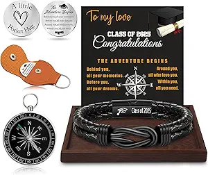 Graduation Gifts for Him, 2025 High School Graduation Gifts Class of 2025 Teen Gift Trendy Stuff Leather Bracelet for Men with Pocket Hug Token Compass College Middle 5th 8th Grade Masters Degree Graduate Knot Jewelry for Son Grandson Boyfriend