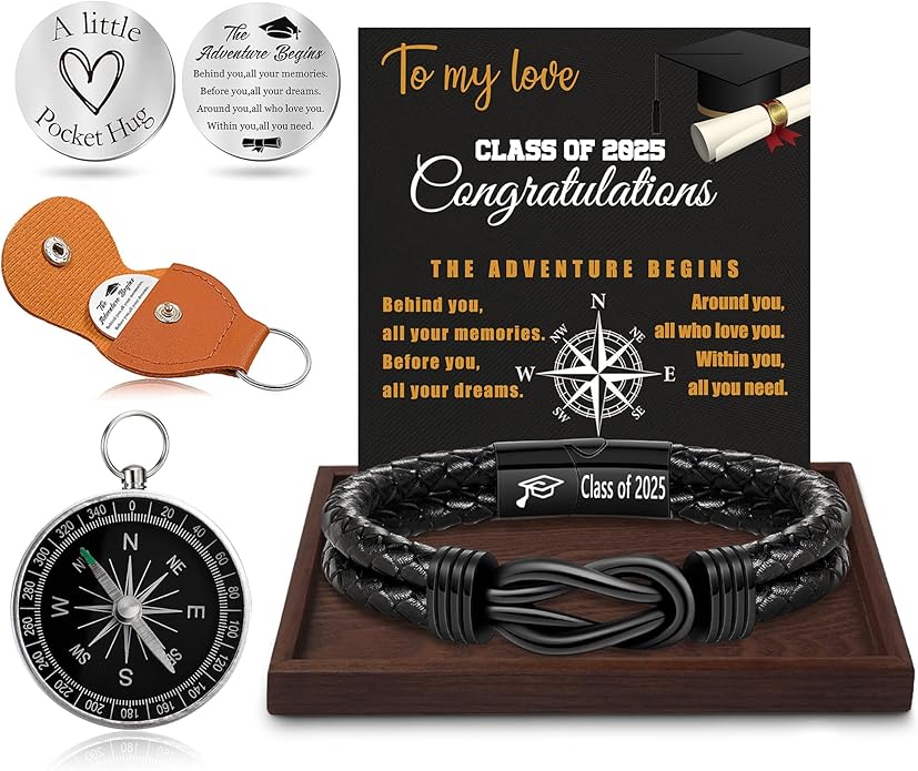 Graduation Gifts for Him, 2025 High School Graduation Gifts Class of 2025 Teen Gift Trendy Stuff Leather Bracelet for Men with Pocket Hug Token Compass College Middle 5th 8th Grade Masters Degree Graduate Knot Jewelry for Son Grandson Boyfriend