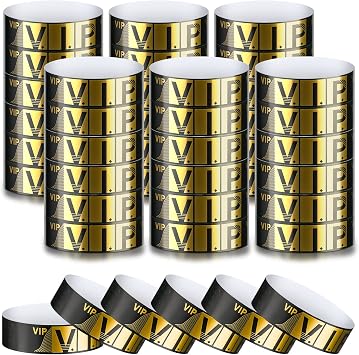 200 Pack VIP Wristbands for Events VIP Bracelets Paper Waterproof Party Wristbands for Events Amusement Parks Concerts Fairs Festivals, 0.79 x 10 InchGold