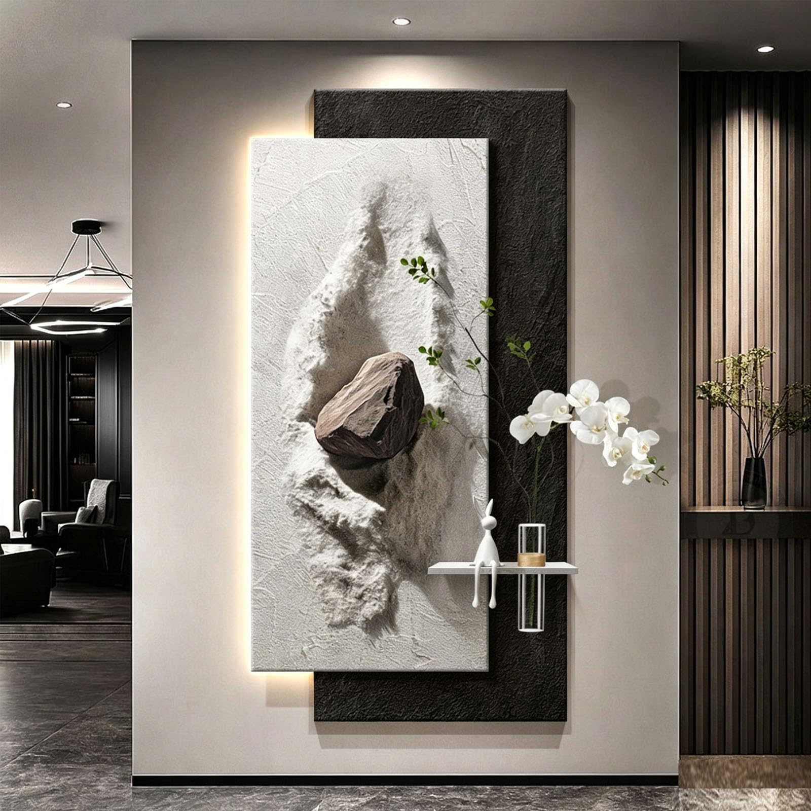 KEIFCUACLA Sandstone Wall Decor with LED Lighting,Modern-Style Decorative Art Piece (Complete with Vase and Faux Plants), Suitable for Living Rooms and Entryways(A,70 * 140cm/27.5 * 55.1in)
