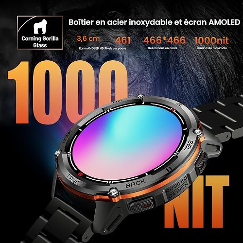KOSPET Tank T3 Ultra 2 Men's Smartwatch, GPS, AMOLED Display 1.43", Working Time 18 Days, Water Resistance 5 ATM, Heart Rate Monitoring & SpO2, 170+ Fitness Mode (Black) - 6