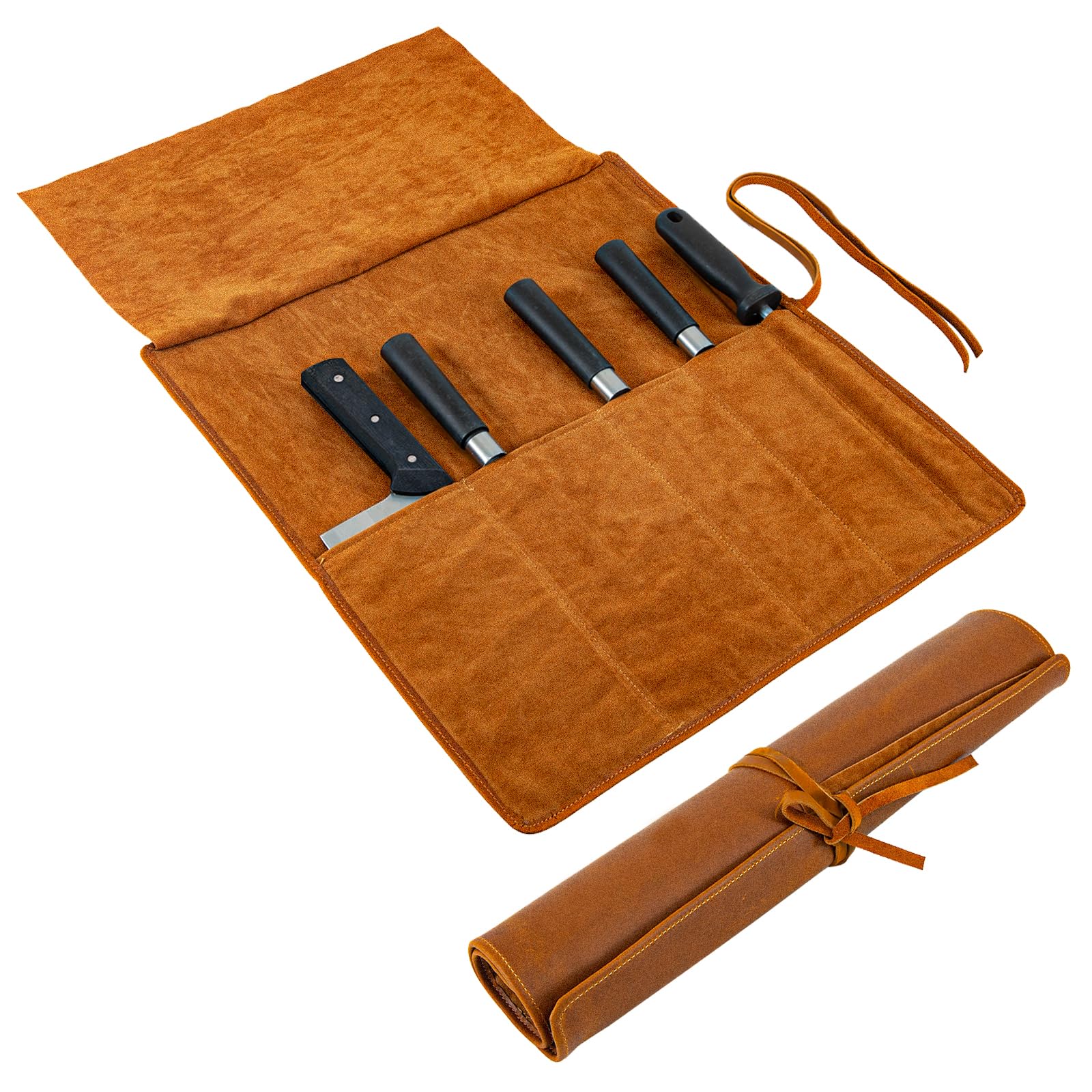 JFHSUS Chefs Knife Roll Bag, Leather Knife Bag, Heavy Duty Knife Roll Bag, Knife Carrying Case with 5 Slots, Knife Storage Bag for Home Kitchen Travel Camping