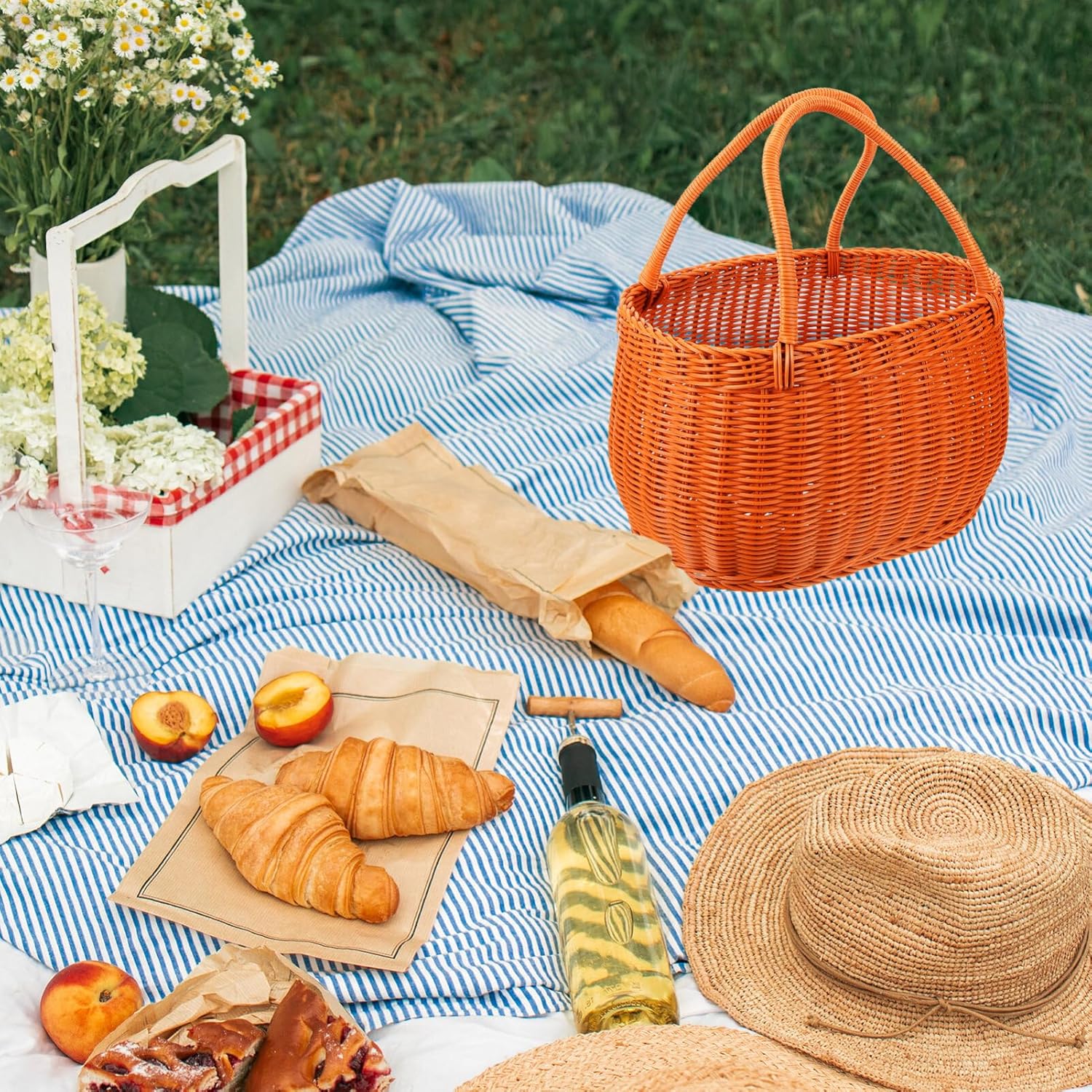 Kichvoe Imitation Rattan Woven Shopping Basket for Outdoor Picnics Multi-Functional Flower Container Decorative Portable Tote for Home and Garden Use Design