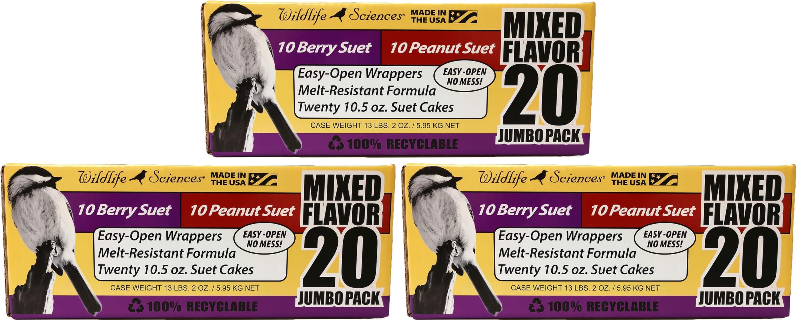 Wildlife Sciences Suet Cake Jumbo Mixed 60 Pack | 10 Peanut &amp; 10 Berry 10.5 oz. Suet Cakes for Wild Birds