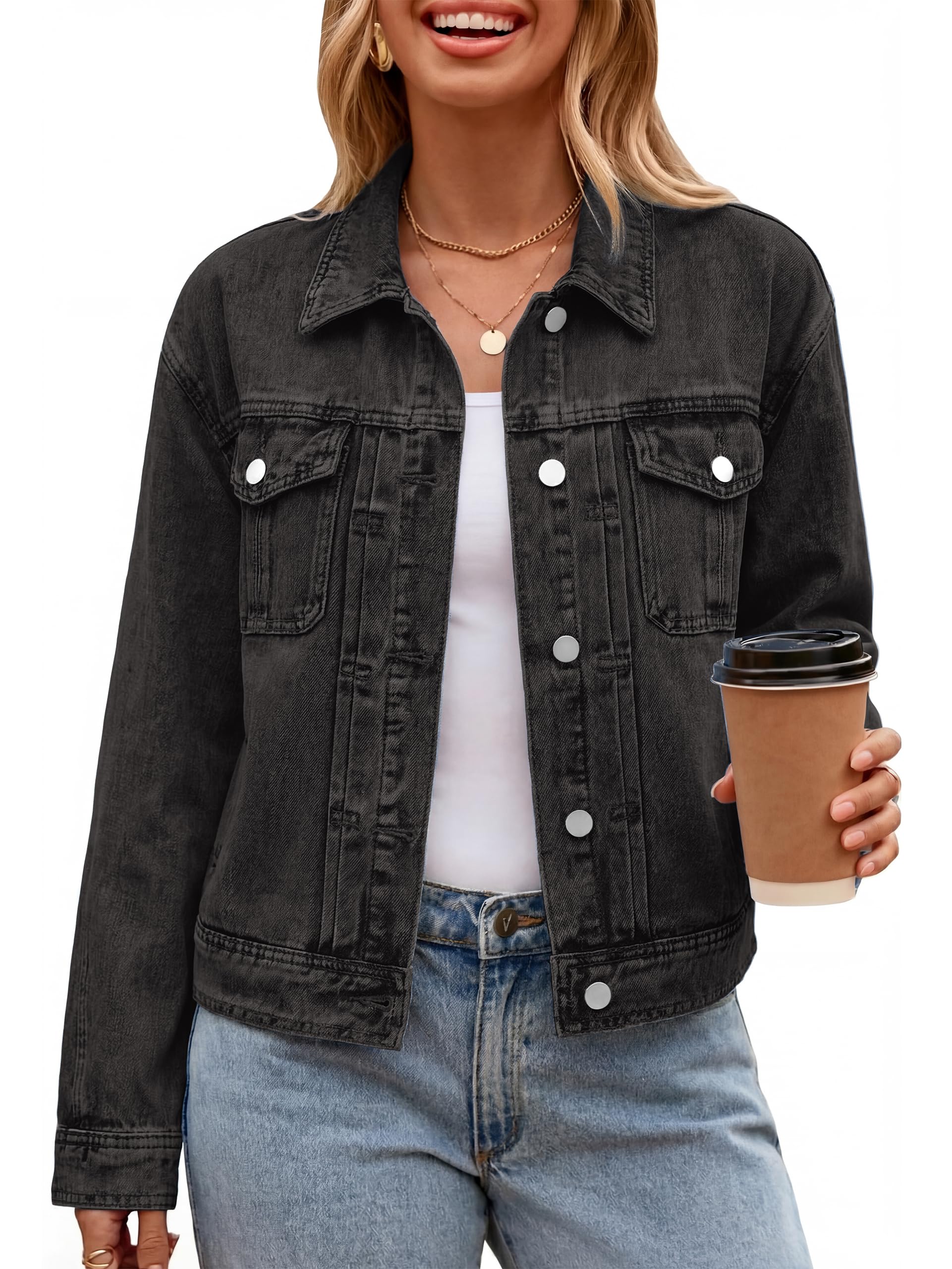 Glamaker Womens Jean Jacket 2026 Casual Basic Trendy Button Down Long Sleeve denim Jacket Coat With Pockets