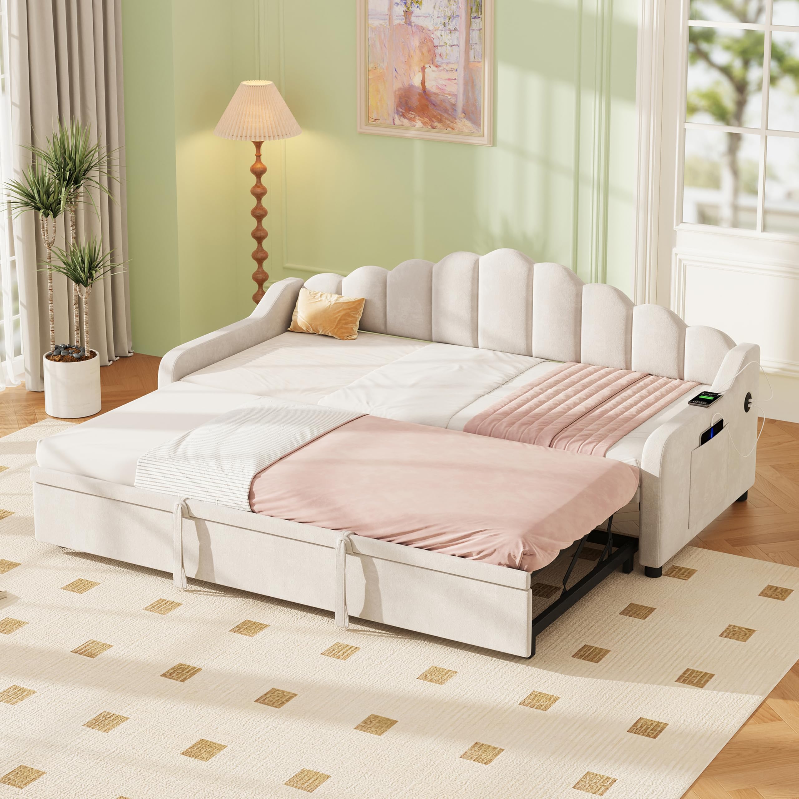 Daybed with Pull out Trundle Bed&Charging Station&Storage, 3ft Single Functional Upholstered Bed Frame with Wooden Slats, Velvet Sofa Beds Guest Beds for Living Room&Bedroom, No Mattress, Beige