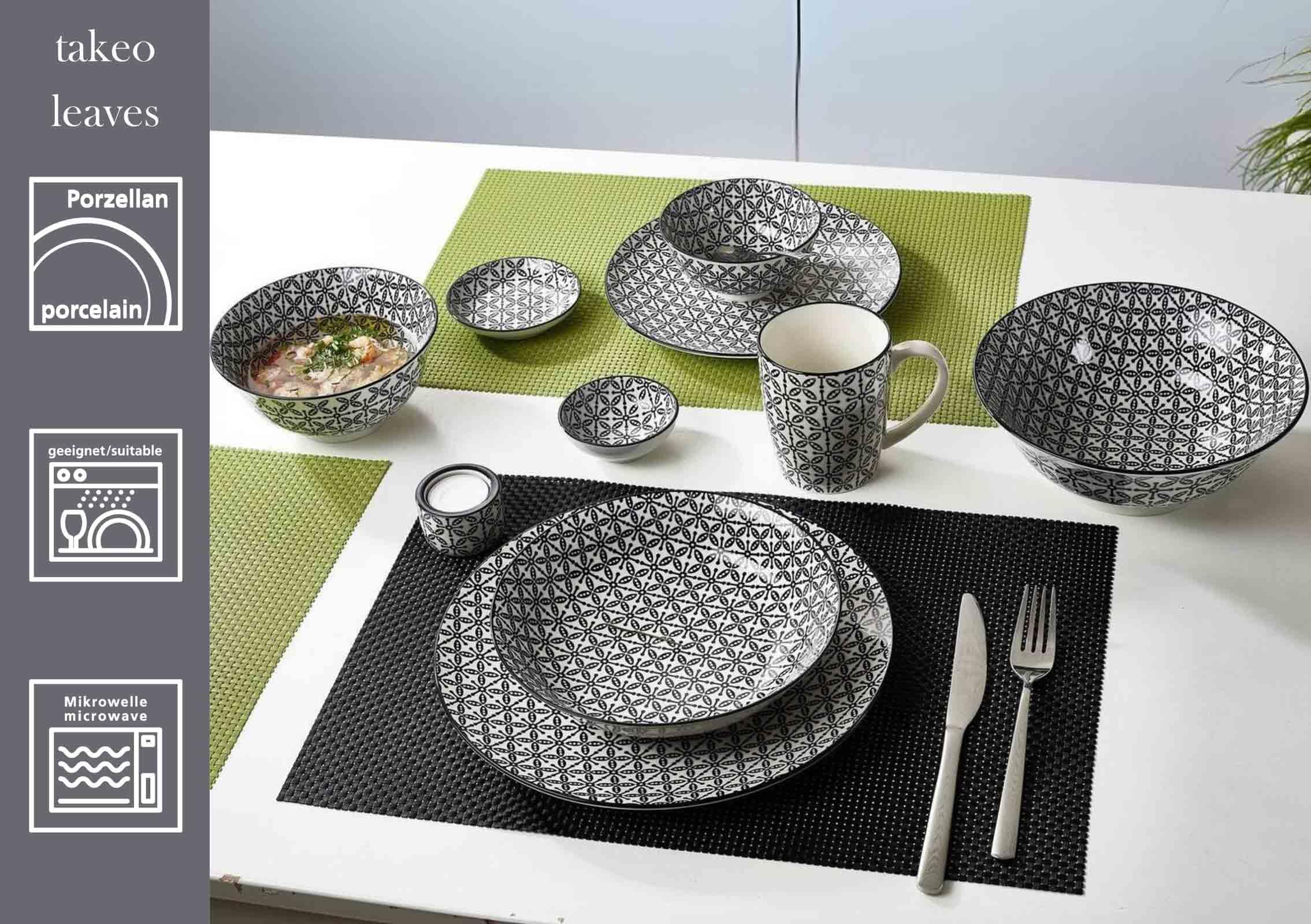 Ritzenhoff & Breker Takeo Leaves Dipschalen 12er Set, 10 cm, Flache Dipschälchen mit vollflächigem Dekor, Skandinavisches Design, Mix-&-Match-Geschirr, Porzellan, Weiß und Schwarz