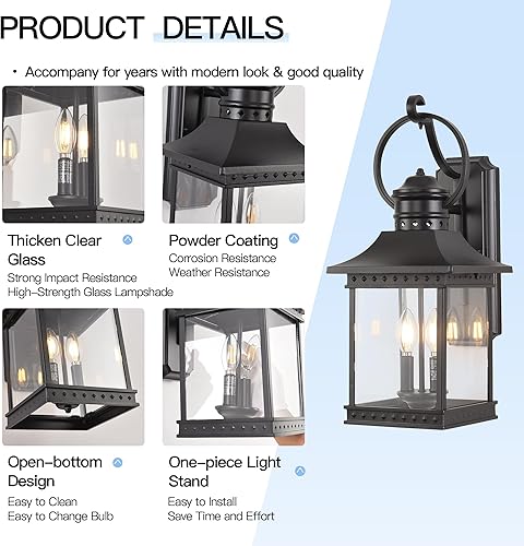 Miniatura 6 de Farol de pared para exteriores, aplique de pared exterior negro con antioxidante, luz exterior impermeable para porche, accesorios de iluminación al