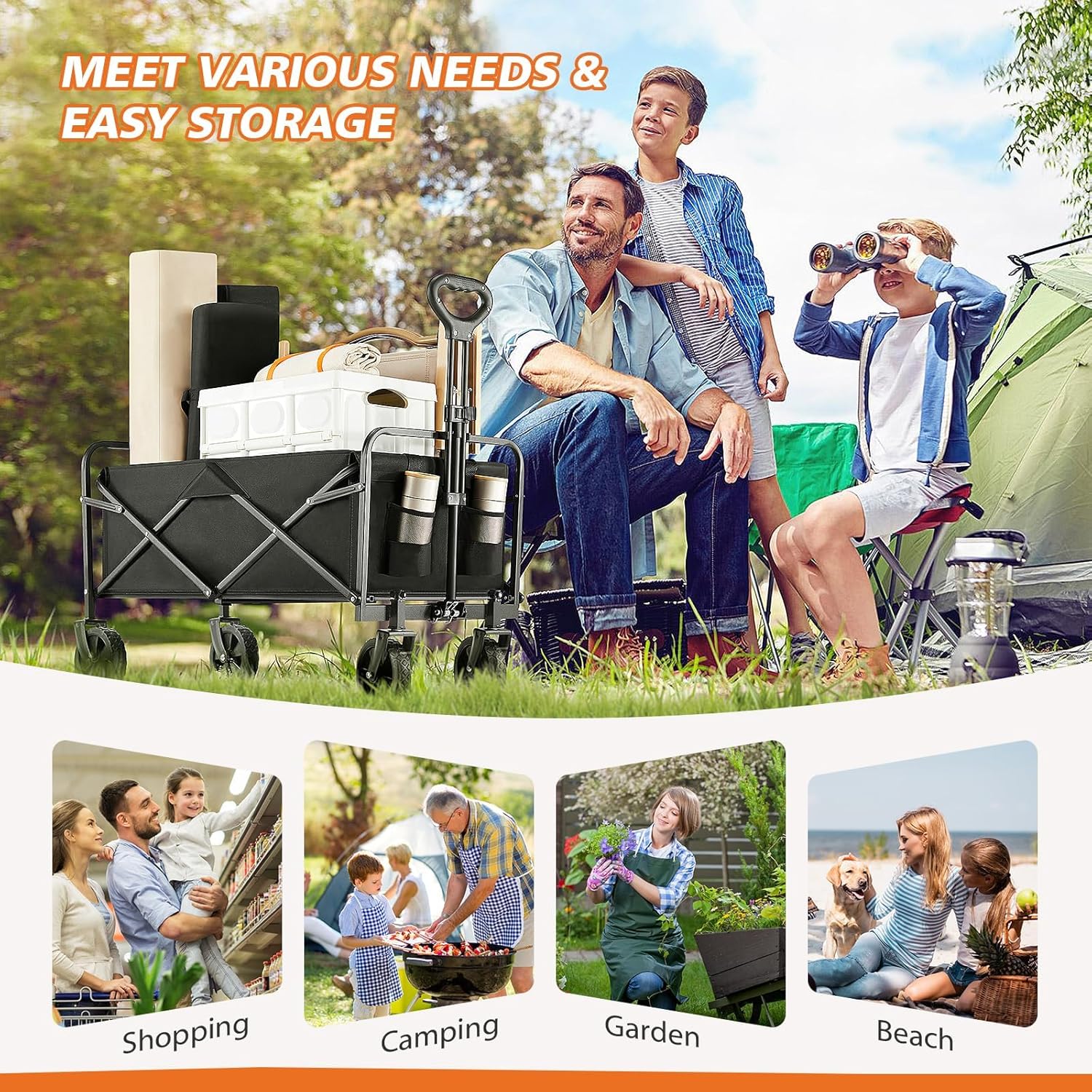 Collapsible Wagon with Wheels，Large Capacity Utility Wagons Carts Heavy, Wagons Carts Foldable, Adjustable Telescopic Handle, Foldable Wagon- Ideal for Camping, Shopping, Outdoors