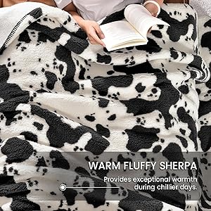 PHF Cute Cow Print Sherpa Blanket King Size for Women Men Adults, Reversible Thick and Warm Blanket for Winter, Ultra Soft Fuzzy Animal Pattern Bedding for Bed Sofa Couch, 108x90, Black