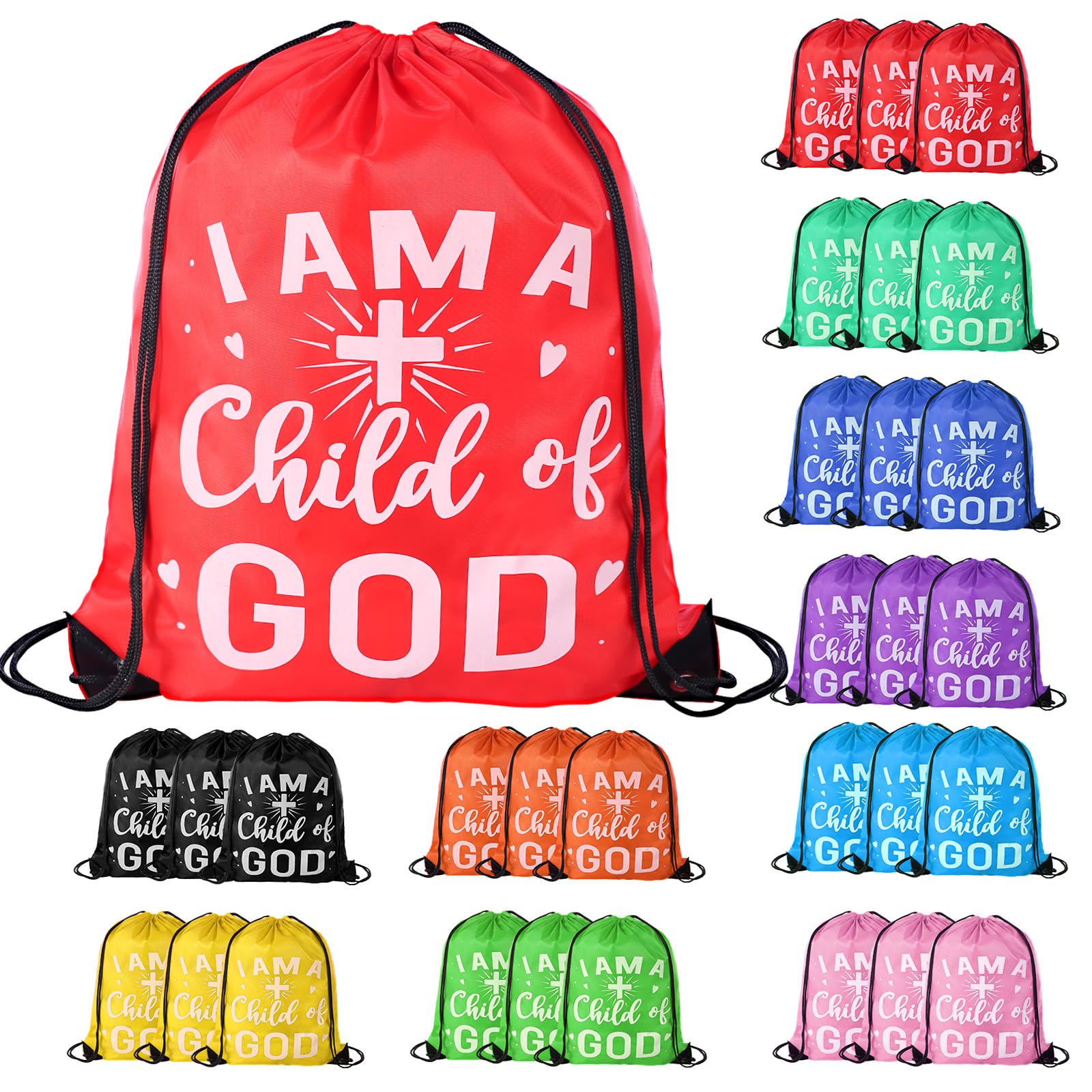 VZZNN 30 Pcs I Am a Child of God Drawstring Backpack Bulk Christian Gift Bags Church Supplies String Backpack Cinch Bag Jesus Stuff(10 Colors)