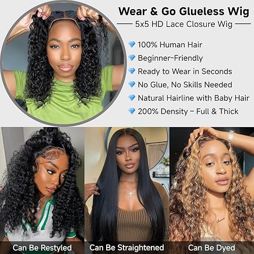 Miniatura 6 de Pelucas de llevar y usar sin pegamento de cabello humano predepeiladas y precortadas de 24 pulgadas de onda profunda 5x5 de encaje HD de cierre de