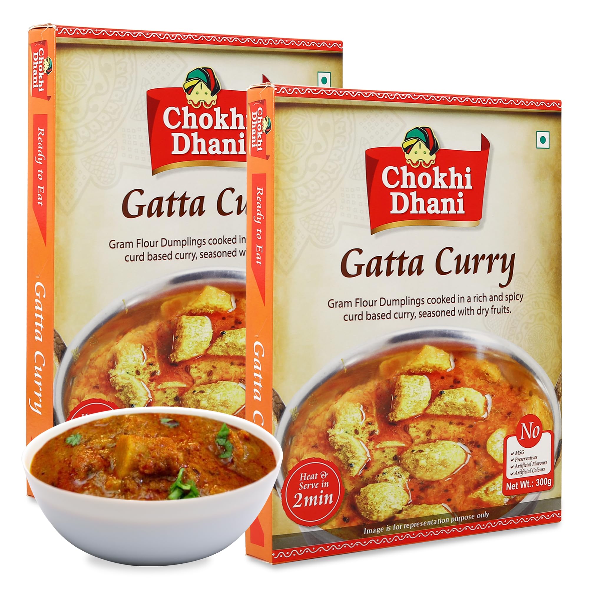Chokhi Dhani Ready to Eat Gatta Curry, Instant Meal, Ready in 2 Minutes, Just Heat on Microwave, (Pack of 2, 300g Each)