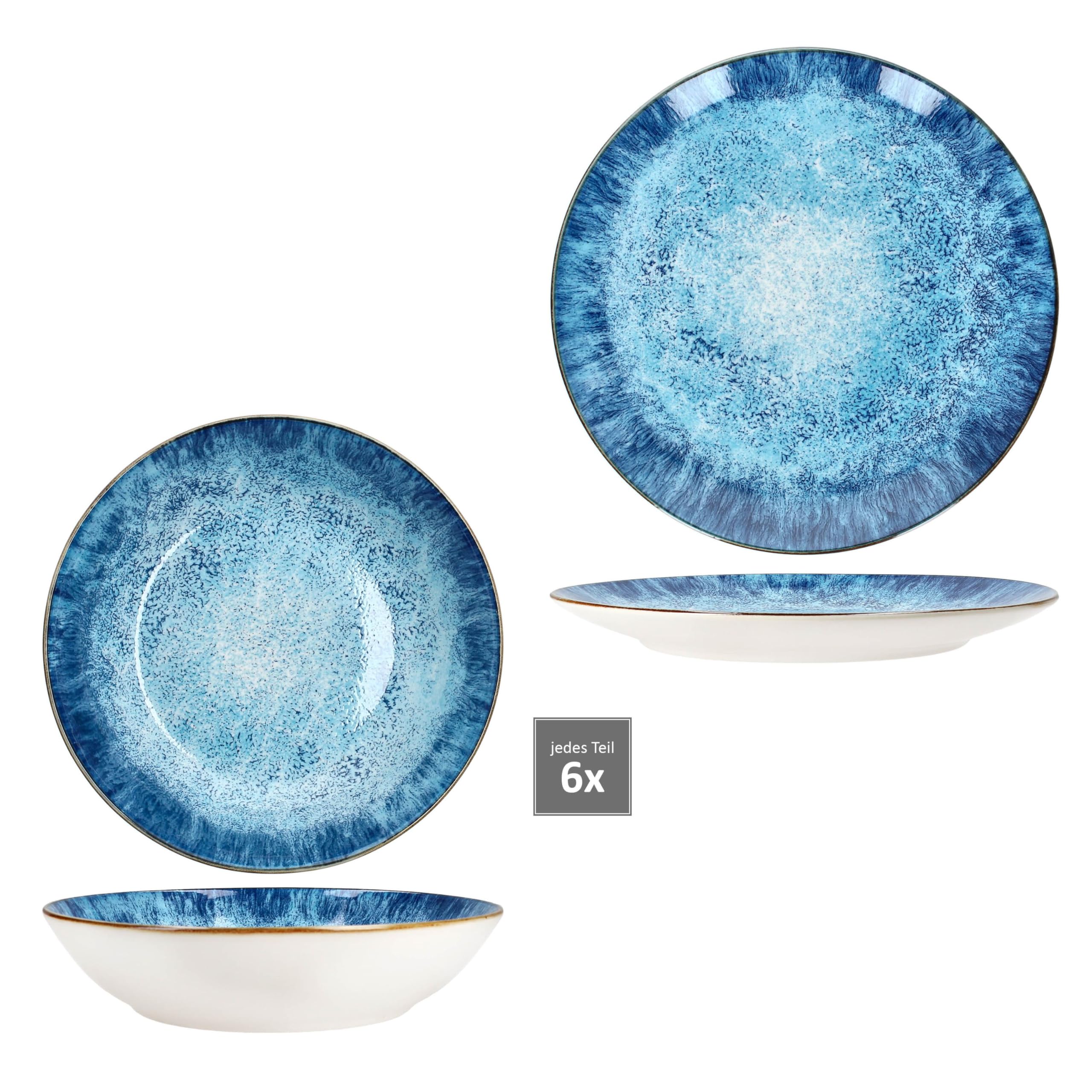 MamboCat Marina 12tlg Tafelservice I blaues Porzellan-Geschirr mit maritimem Design für 6 Personen I Ozean-Dekor, Gischt I 6x Suppenteller & 6x Speiseteller für Frühstück, Mittag & Abendbrot