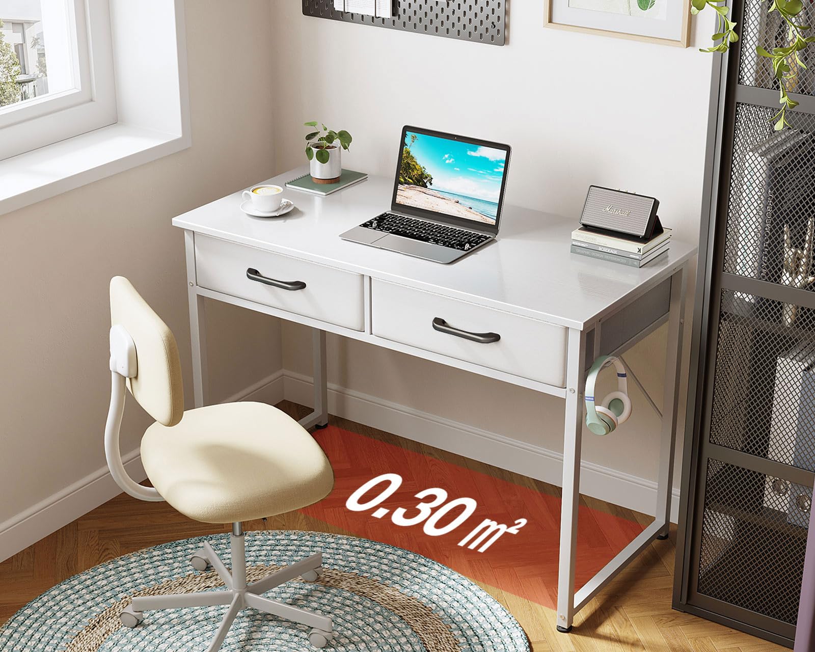 ODK Schreibtisch mit 2 Schubladen, 100 × 40 cm, Kopfhörerhalter, Weiß | Computertisch mit Stauraum, 2 Schubladen aus Stoff und Kopfhörerhalter, Bürotisch und PC Tisch für kleine Räume