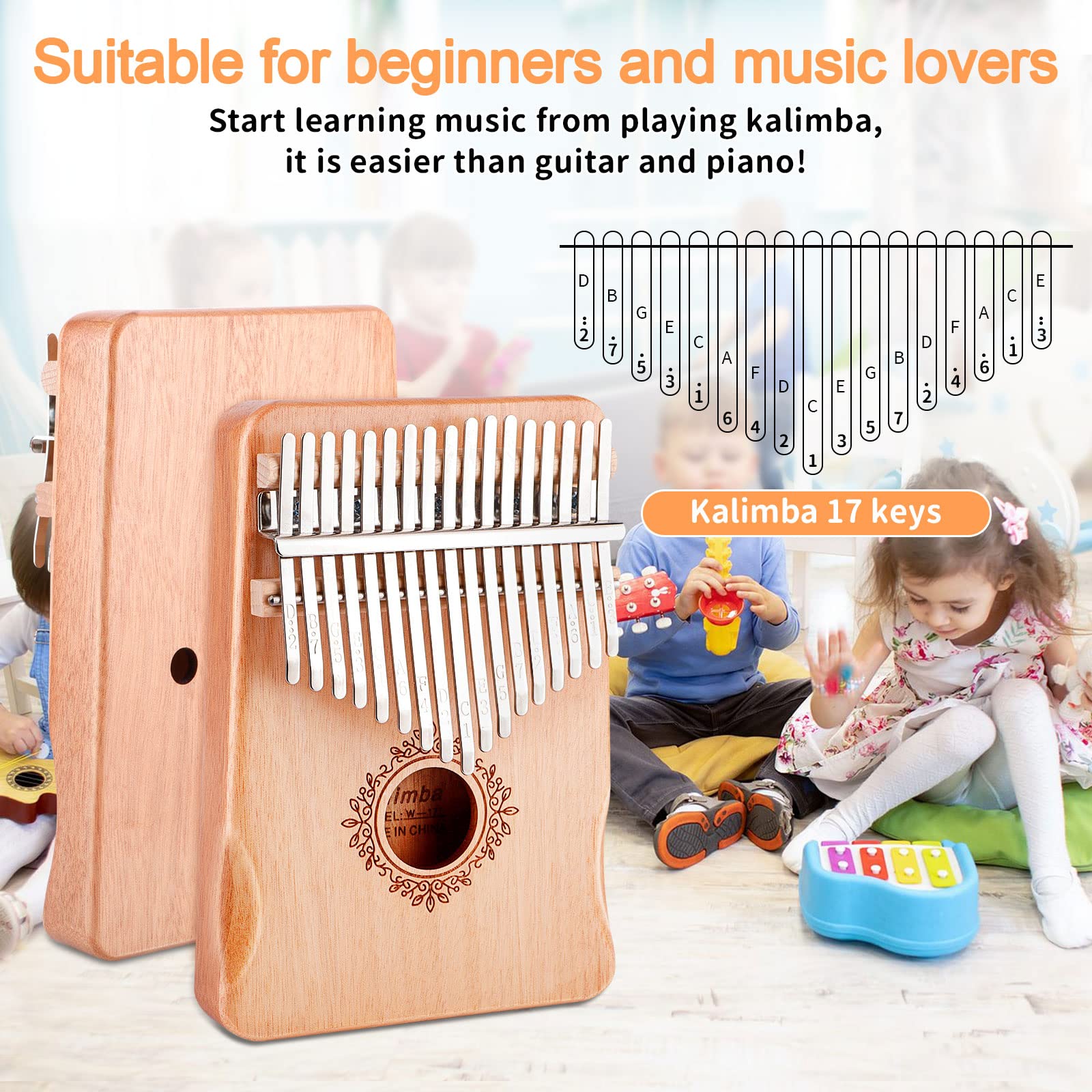 Kalimba 17 Teclas,Kalimba Piano de Pulgar Instrumento,Calimba Thumb Piano Profesional Instrumentos,Piano Marimba de Pulgar de Madera de Tono Sólido de con Martillo de Afinación y Accesorios