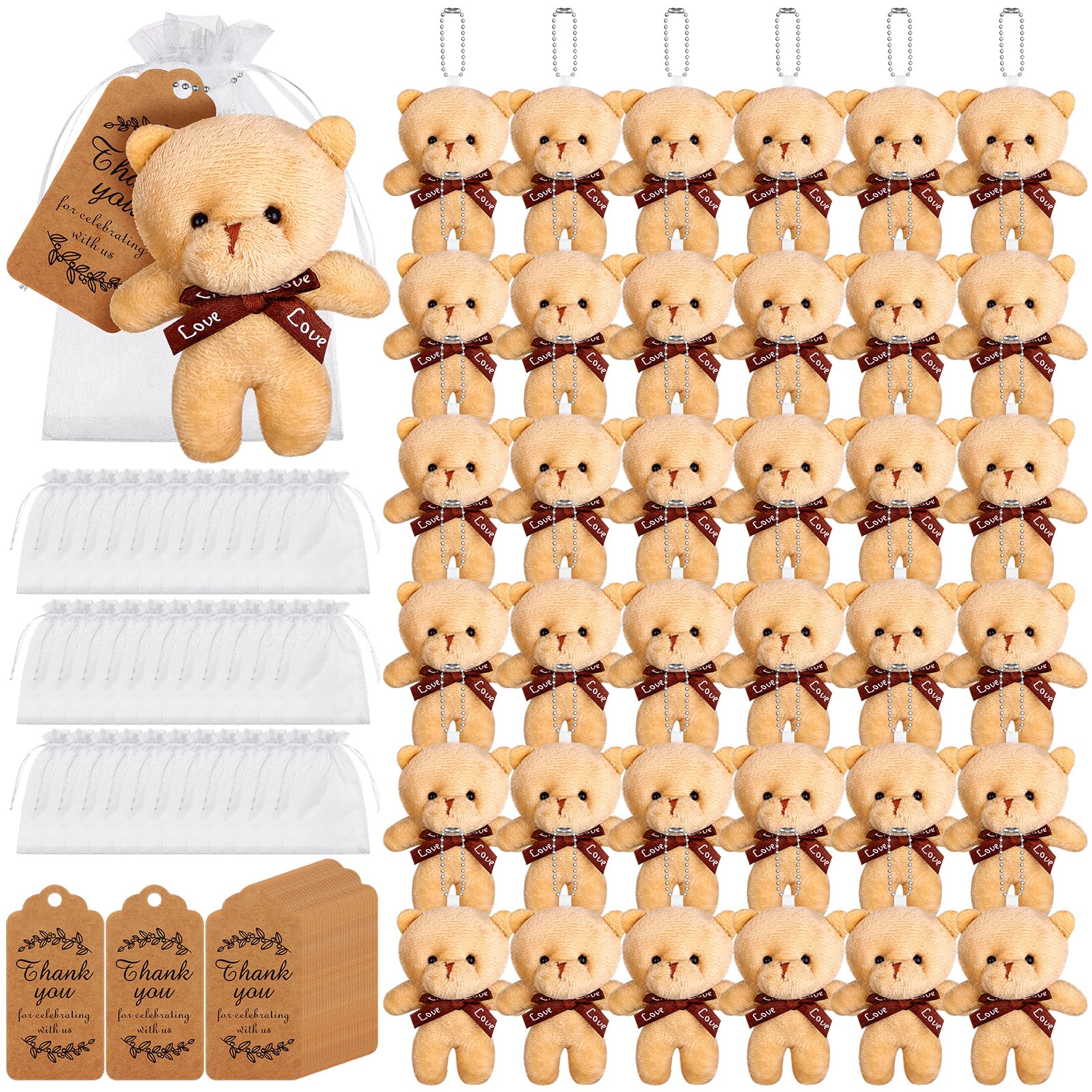 ULELE 36 Set Tiny Plush Bear Mini Bear Stuffed Animal Mini Bear Doll Toys with Thank You Kraft Tags and Organza Bag Little Bear Toys for DIY Keychain Birthday Baby Shower Favors Xmas Party Supplies