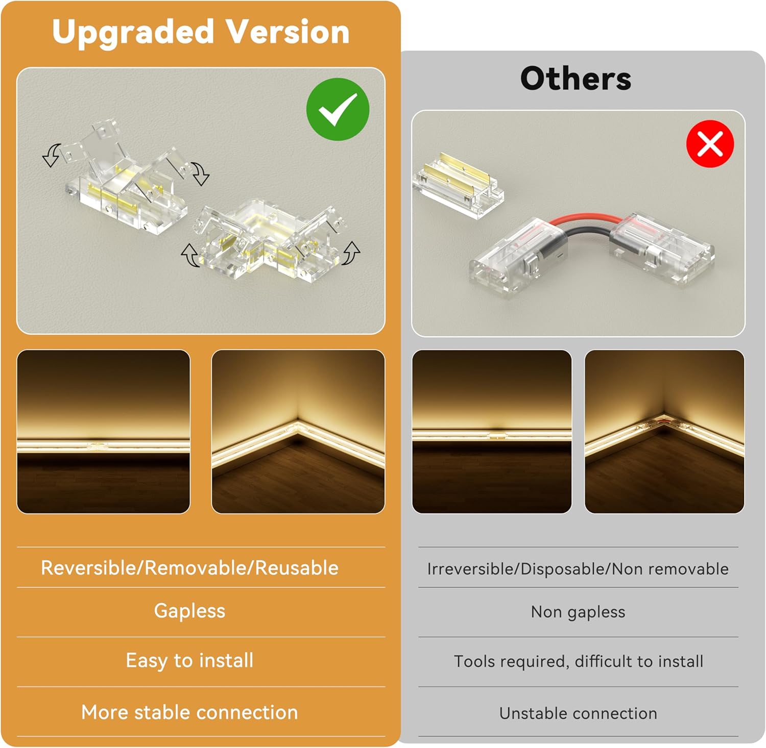 PAUTIX 8mm 2-Pin COB Connector 8pcs L-Shaped/Corner Connectors,Reusable Solderless Adapter Terminal Extension Connection,2pcs Gapless Strip to Strip Connectors for COB LED Strip Lights,SMD LED Strips - Image 3
