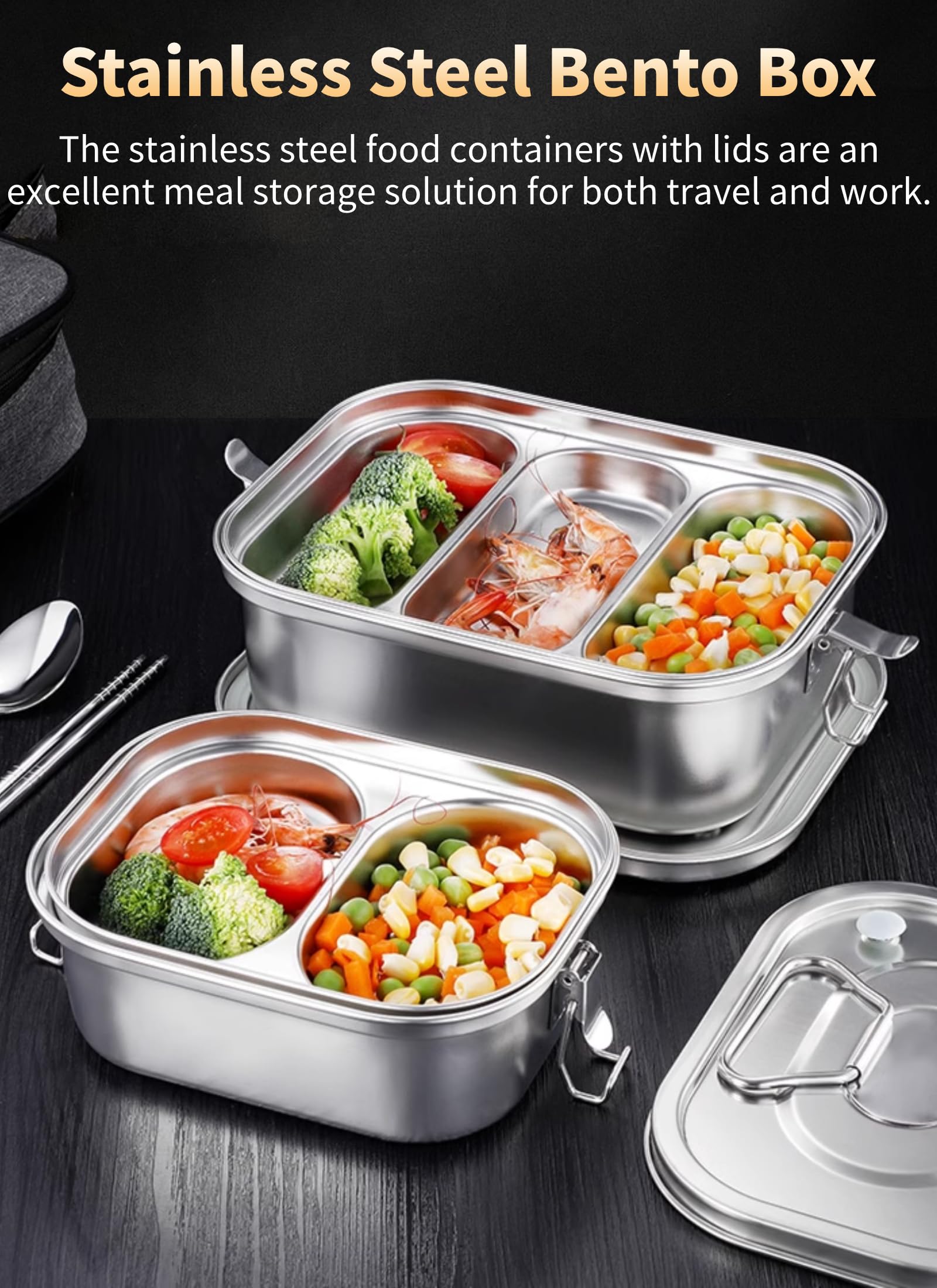 Diyeeni Pranzo Termico in Acciaio Inossidabile 304 con Coperchio Ermetico, Contenitore per Alimenti Antigoccia di Grande Capacità per Adulti, Design a Scomparti Quadrati, Lunchbo