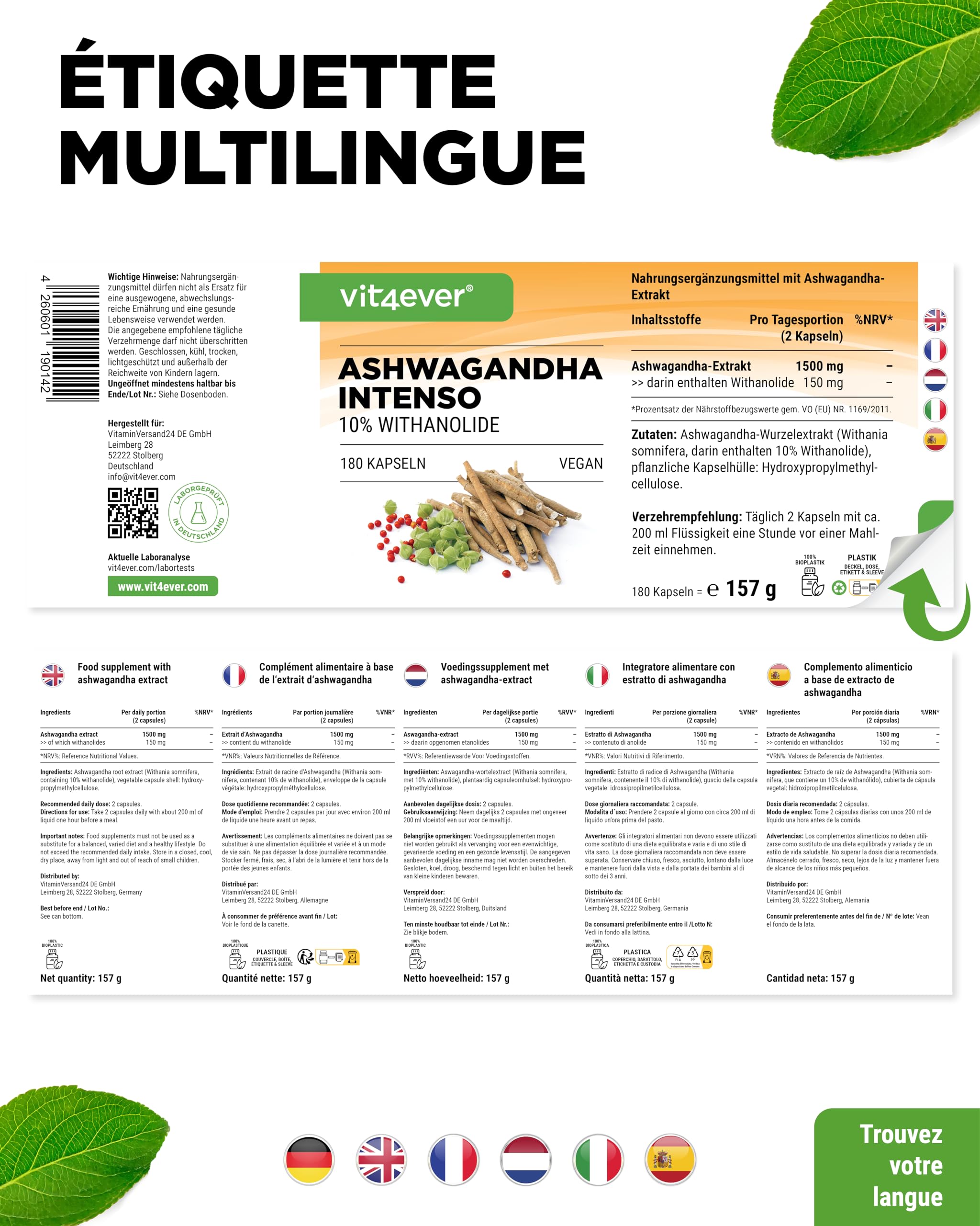 Extrait d’Ashwagandha – 180 Capsules contenant chacune 750 mg d’Extrait pur de Racine et 10% de Withanolides – Haute Pureté – Végan – Hautement Dosé – Qualité Premium