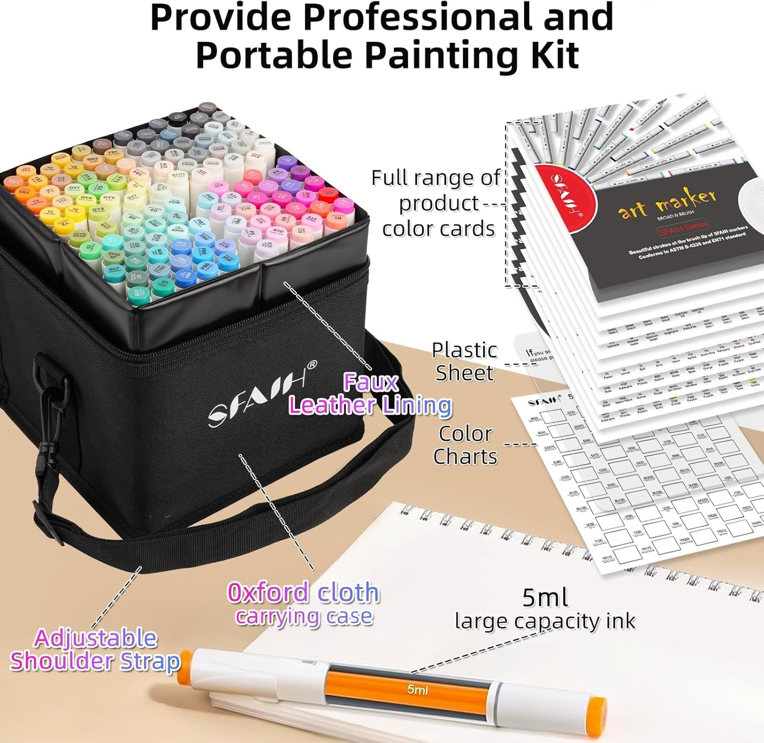 SFAIH Alcohol Markers Brush & Chisel - 121 Colors Double Tipped Art Markers for Adult Coloring Illustration, Gifts for Artist Adult - Adjustable Shoulder Strap & Faux Leather Lining & Outer Zip Pocket - Image 5