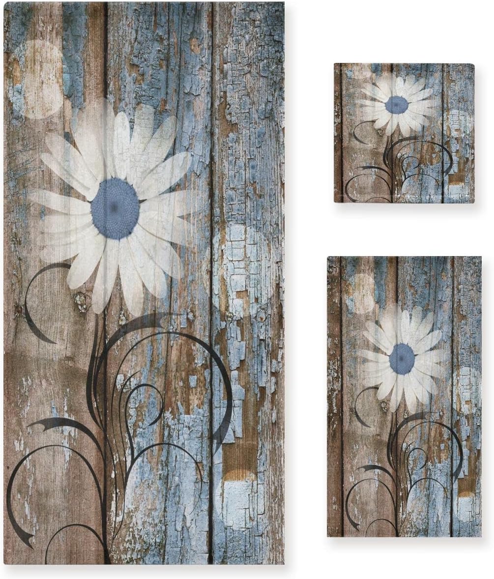 Rustic Daisy Bath Towels Set Blue Brown Floral Farmhouse Spring Country 3 Piece Bathroom Towel Set(1 Luxury Bath Towel 1 Hand Towel 1 Washcloth) Soft Absorbent Decorative Kitchen Shower Towel