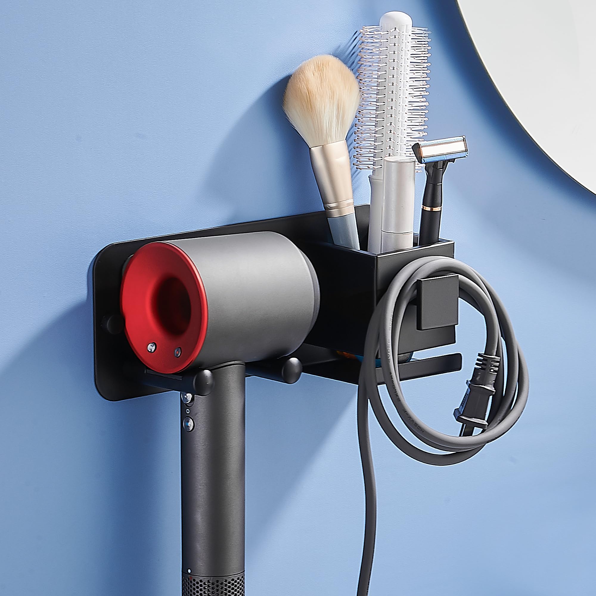 Porta Phone Bagno da Muro, Reggi Phon da Parete Supporto Asciugacapelli Adesivo Portaphone con Portacavi e Mensola Doccia per Bagno Parrucchiere e Hotel(Nero)