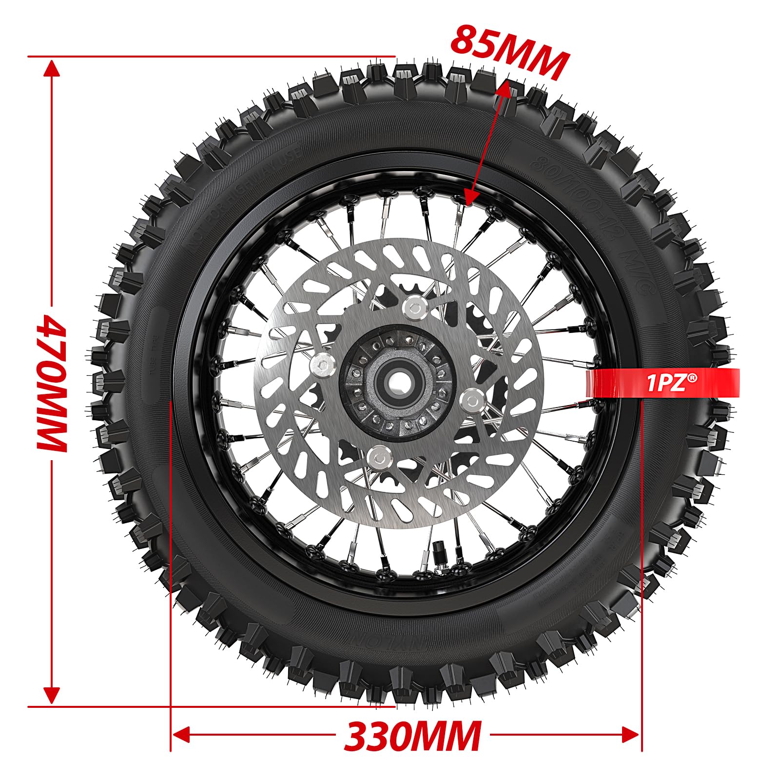 1PZ FR8-LD0 Roue Arrière Complète 3.00-12 80/100-12 Pneu + Jante Pré-Monté pour Scooter 50-160cc (compatible avec Honda Zoomer/Yamaha BW's) & Dirt Bike/Pit Bike - Remplacement Direct (Type 12 Pouces)