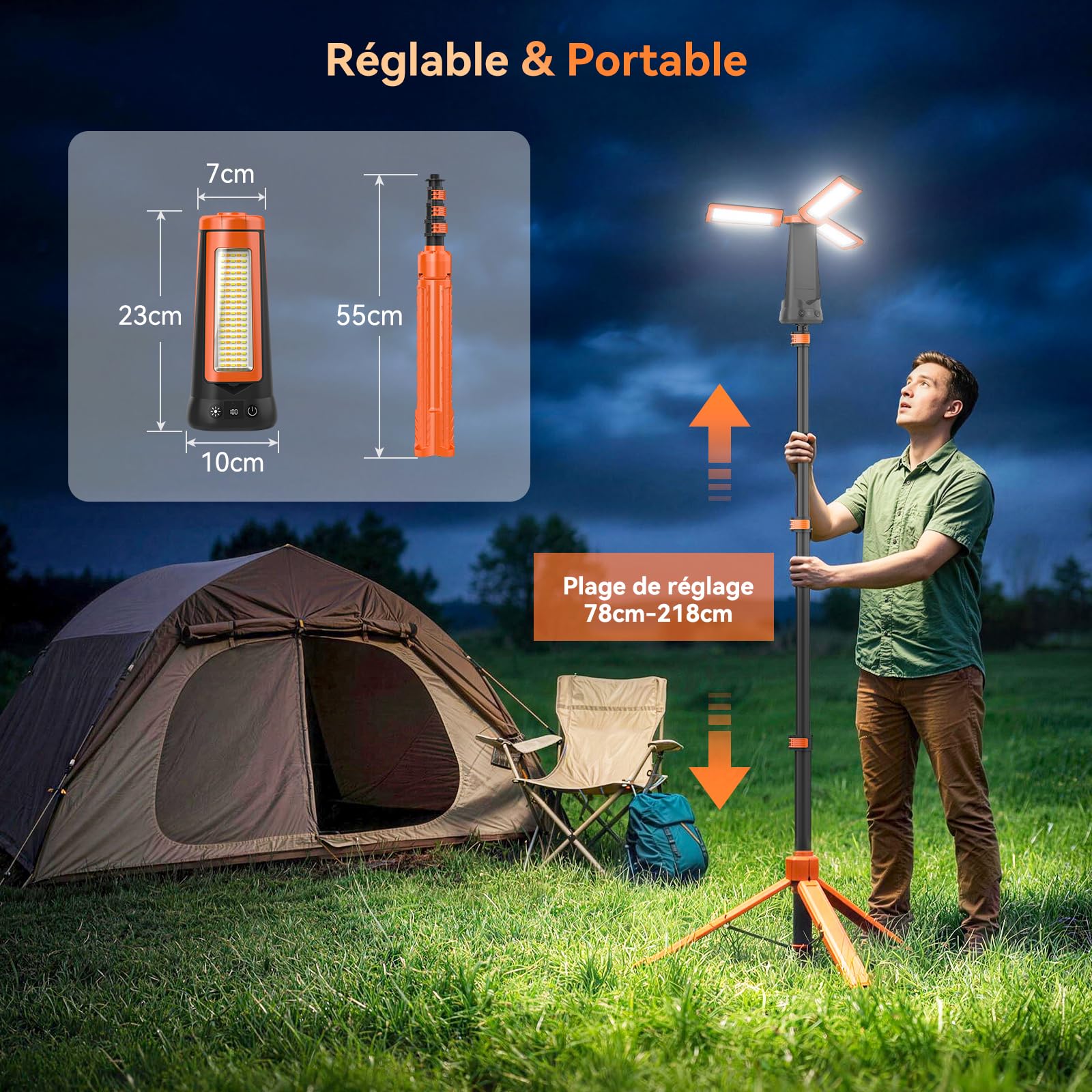 Projecteur de Chantier avec Trépied, 12000mAh Rechargeable Lampe de Camping LED à 3 Têtes, 5000LM 6500/4500/3500K Réglable & 5 Mode, Lampe de Travail Portable pour Pêche, Atelier, Urgence (Orange)