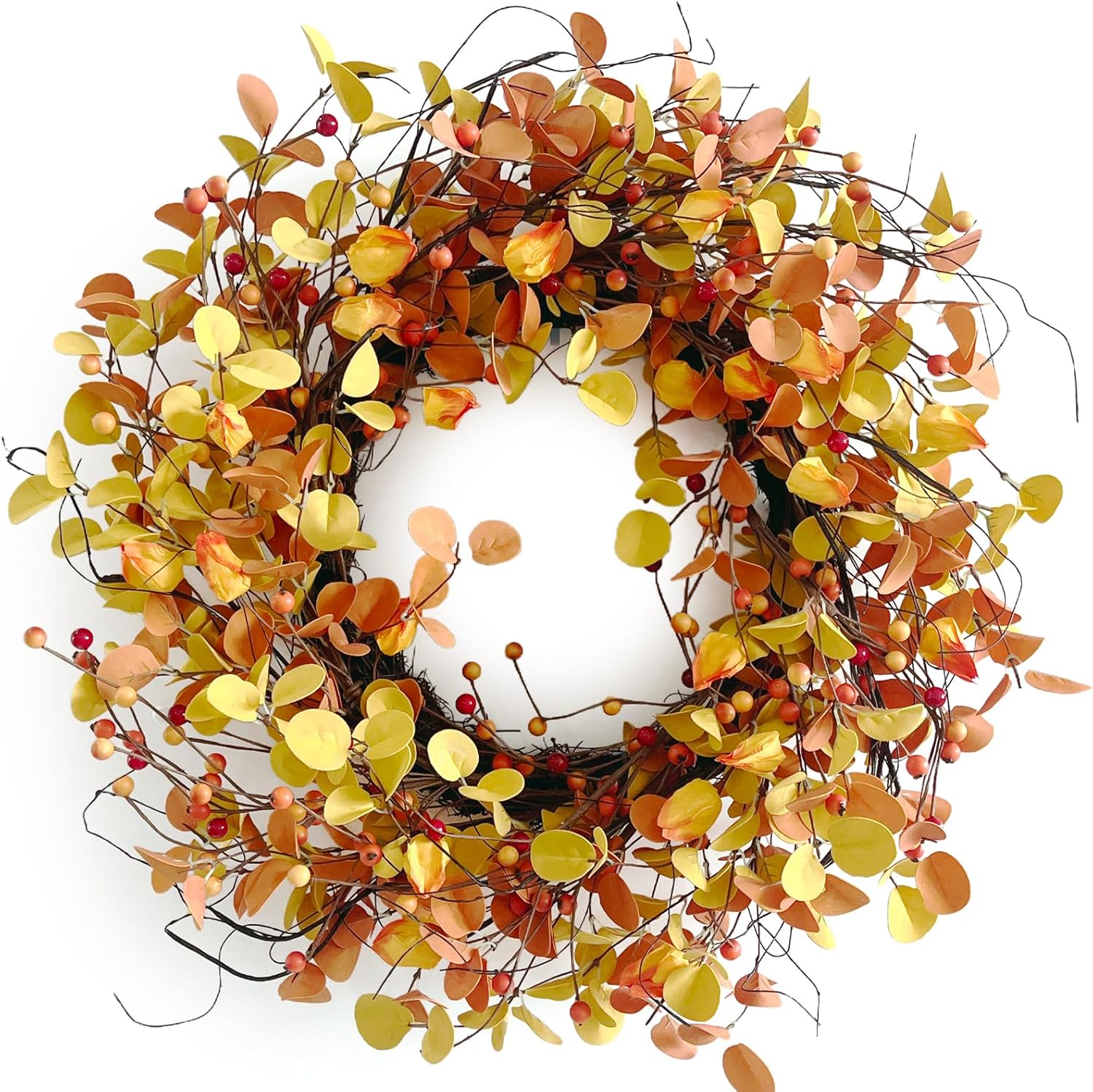 24 Inch Fall Wreath for Front Door Berry Autumn Wreath with Yellow and Orange Leaves, Large Grapevine Wreaths for Fall Door Decor Farmhouse Wall Window Home Decoration
