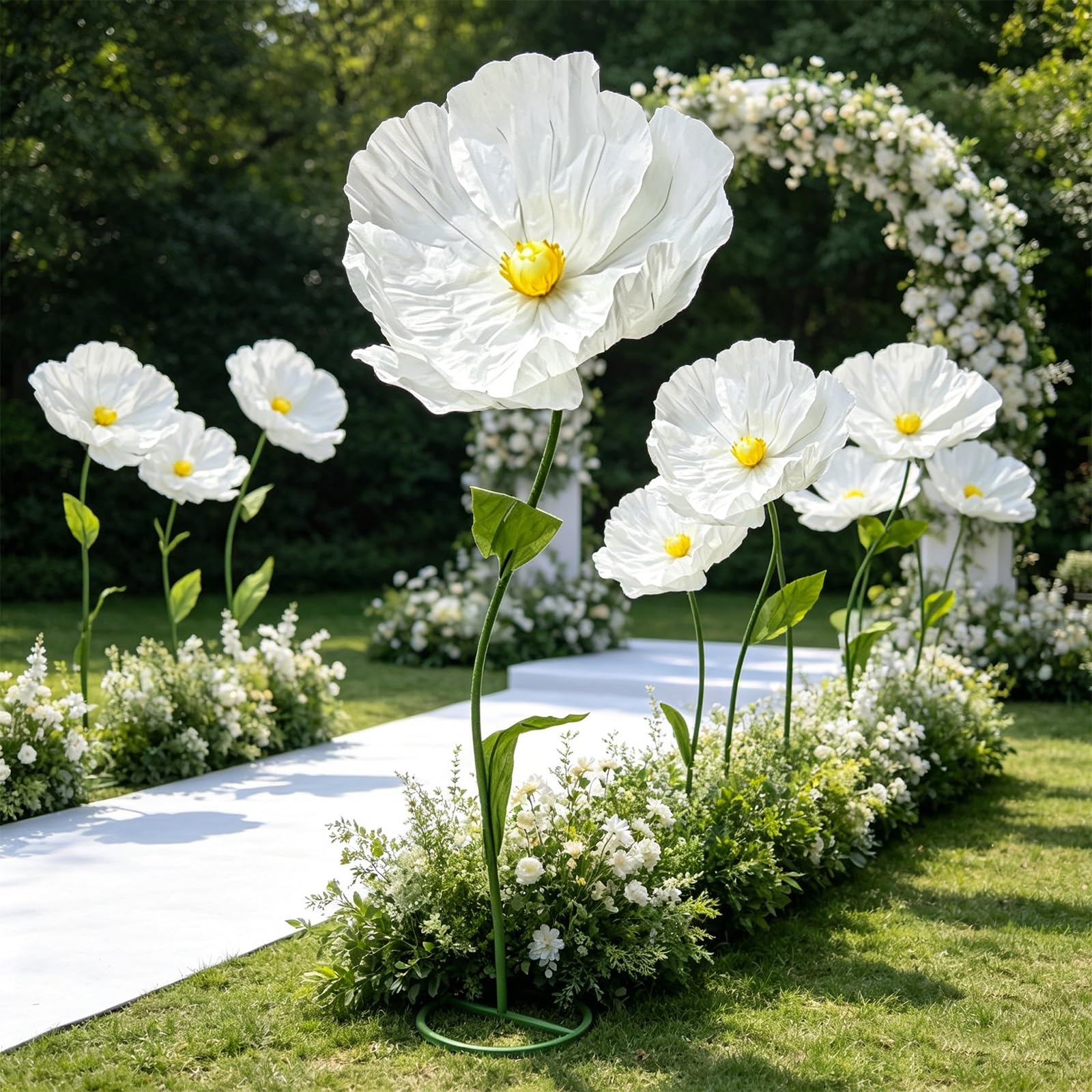 Riesiger Künstliche Blumen‑Mohn 1,8M Große Papierblume mit Basis und Biegsamem Stiel Handgemachte Blumendekoration für Hochzeitshintergrund, Schaufenster, Fotobox, Frühlingsparty(White)