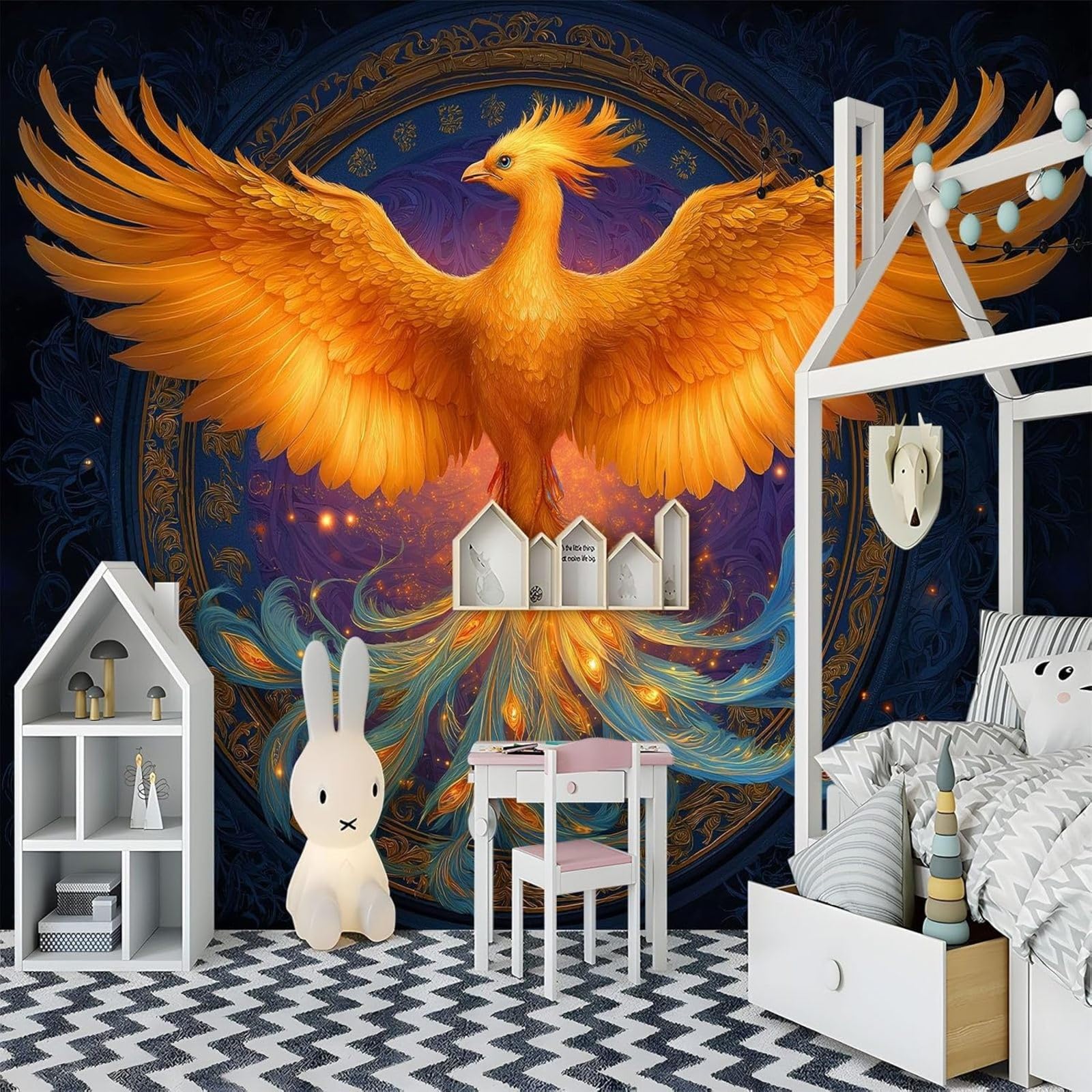 pdghsdkgjh Gold Photo Wallpaper Retro Animal, Wall Mural Flames Phoenix Non-Woven Wall Decoration Modern for Living Room Bedroom & Office, 250cm x 175cm Stickers - Frameless Painting - Poster