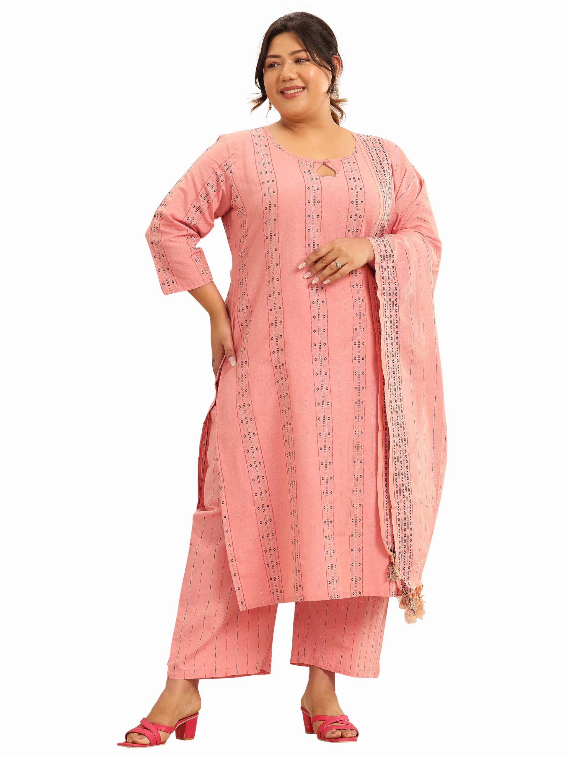 Plus Size Printed Cotton Blend Straight Kurta With Trouser and Dupatta-image-41