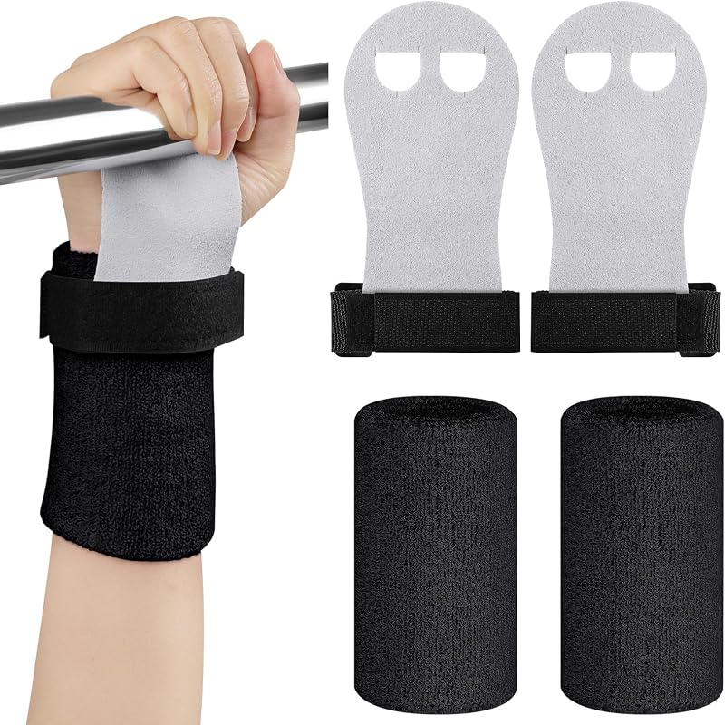 DiULi 2 Paires Gants de Gym + 2 Paires Poignets de Sport, Maniques Gymnastique Enfant avec Bracelets, Protection Paumes Anti-Ampoules, Cuir Vachette, pour Barre, Traction, Crossfit, Yoga, Noir-M
