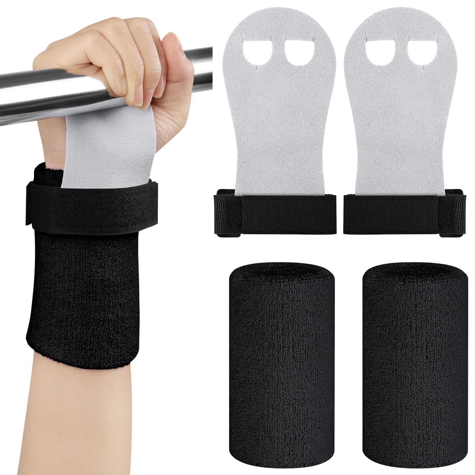 DiULi 2 Paires Gants de Gym + 2 Paires Poignets de Sport, Maniques Gymnastique Enfant avec Bracelets, Protection Paumes Anti-Ampoules, Cuir Vachette, pour Barre, Traction, Crossfit, Yoga, Noir-M