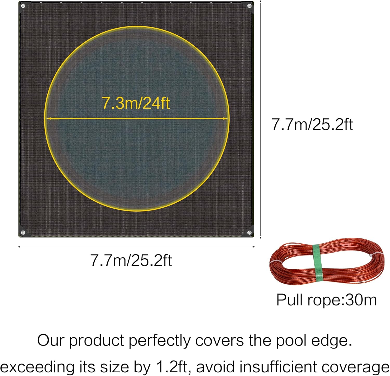 25ft x 25ft Square Pool Leaf Nets for 24ft Round Pool Cover, Above-Ground Swimming Pools Covers, Mesh Pool Leaf Net Cover with Rope, Universal Winter Autumn Summer Pool Safety Cover, Black