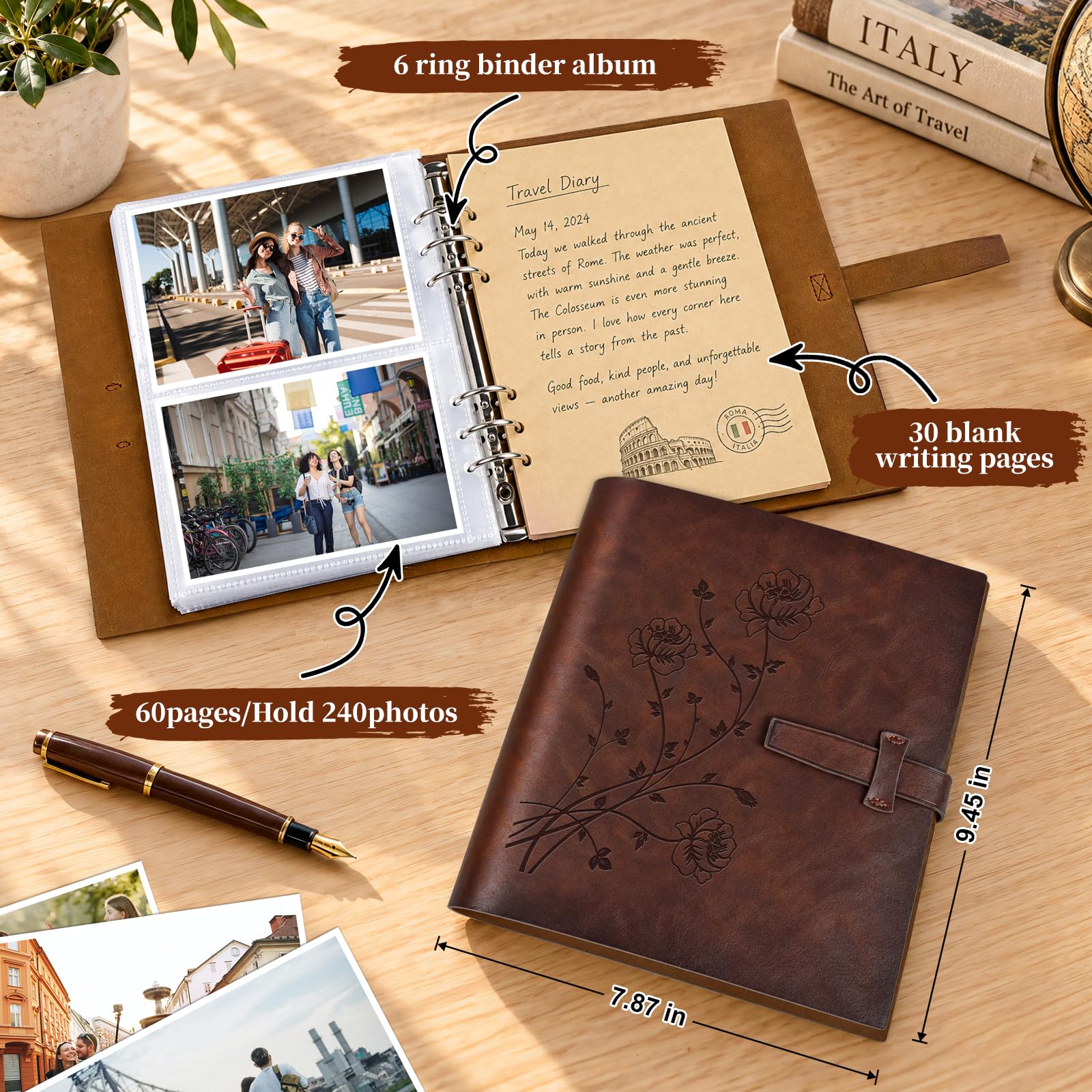 Álbum de fotos de cuero de 4 x 6 pulgadas, capacidad para 240 imágenes, álbum de recortes, 30 papeles de escritura kraft, álbum de fotos de bebé familiar con espacio de escritura, álbum de recuerdos