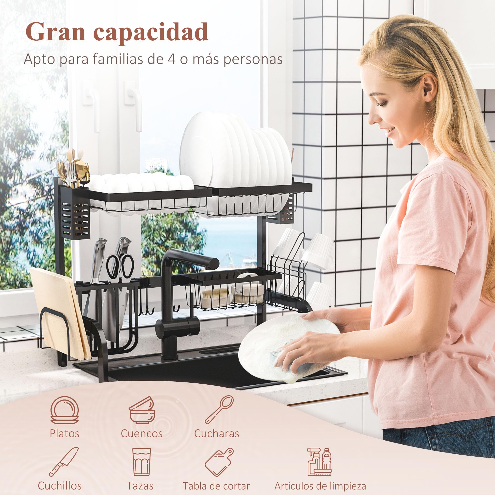 HOMCOM Escurreplatos de Acero 2 Niveles 5 Ganchos 65x31,5x52,5 cm Negro