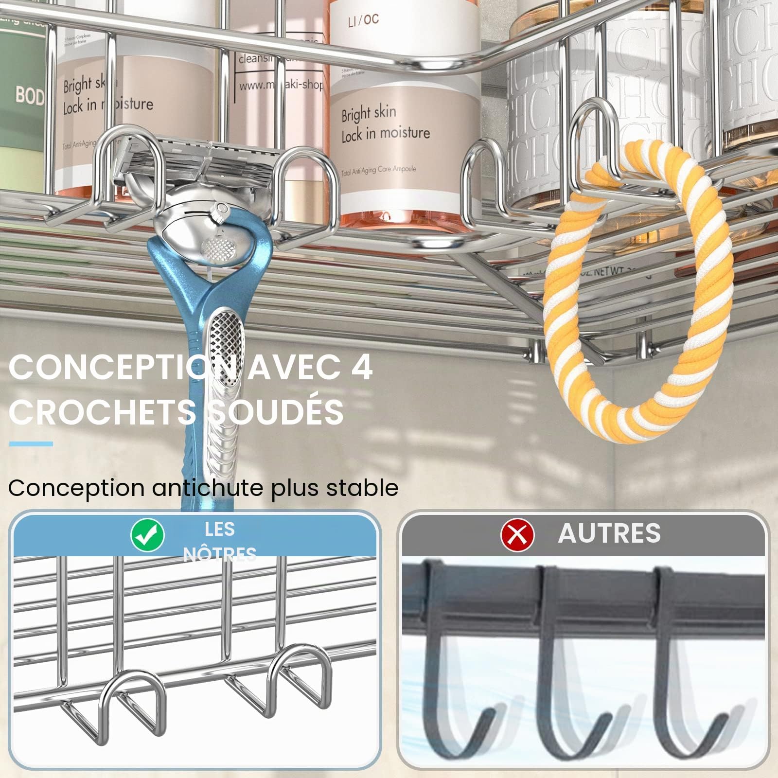 Lot de 2 étagères d'angle de Douche sans perçage pour Salle de Bain, Baignoire, étagère d'angle pour Salle de Bain et Cuisine (argenté)