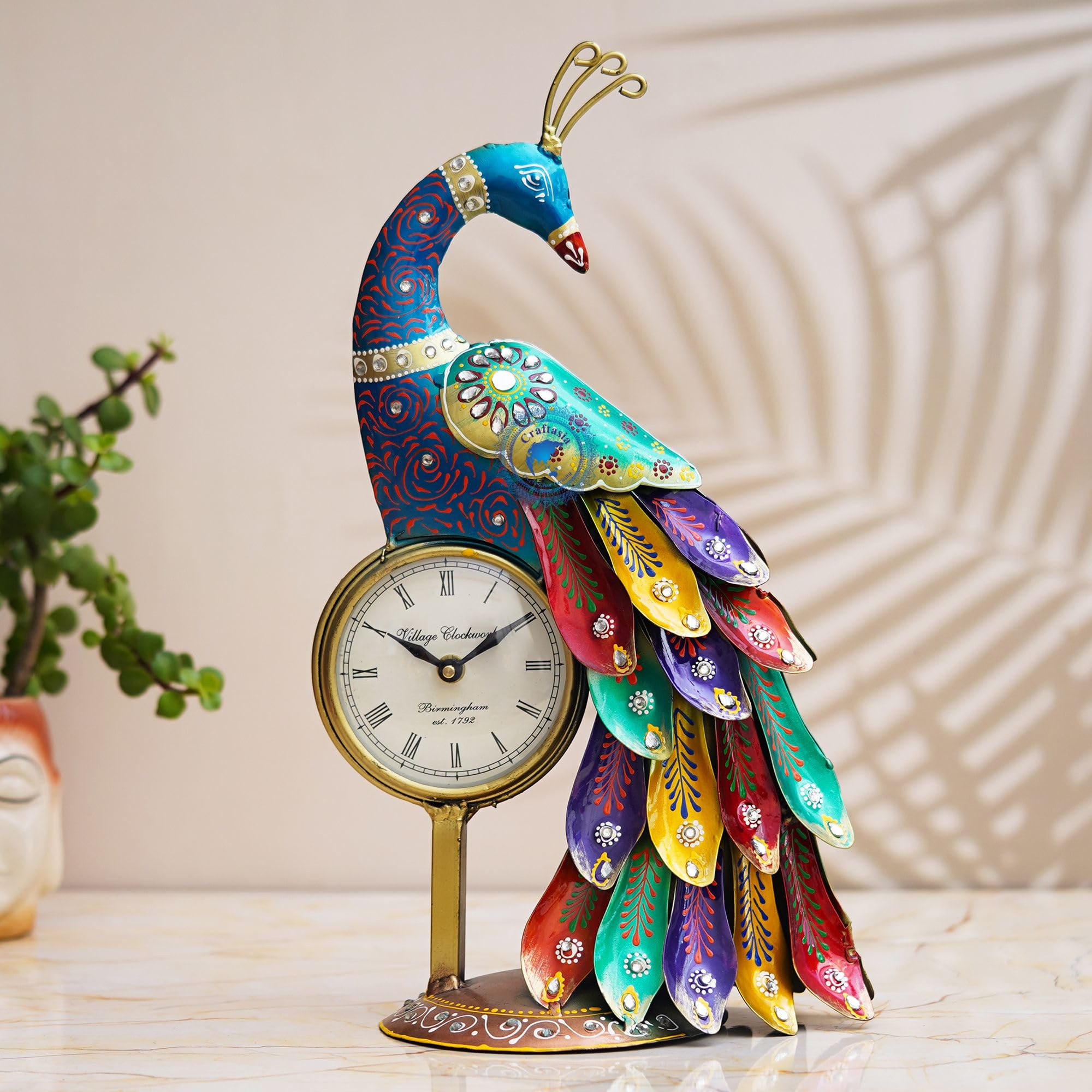 Metal Peacock Clock for Home Living Room Decor, Multicolor, Showpiece Peacock Clock, Table Clock Gift Item for Home Decoration & House Warming,Corporate Gifts.