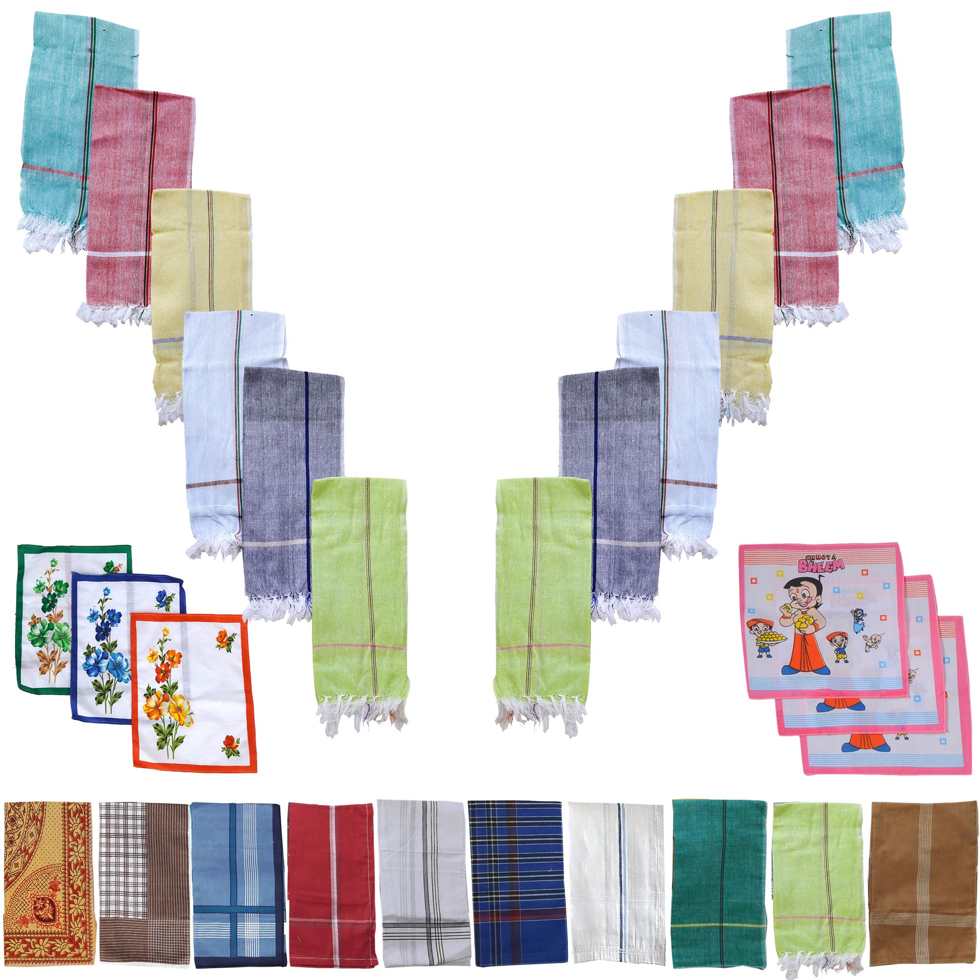 SAI PRASEEDA 100% Pure Soft Cotton Hand Kerchief_Hanky Multi Color Pack of 12 with Free 3 Ladies Kerchief_3 Kids Kerchief SP12-picture-29