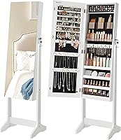 SONGMICS UJJC002W01 Jewelry Armoire Cabinet, Lockable Freestanding Organizer with Full-Length Mirror & Cosmetic Trays, White