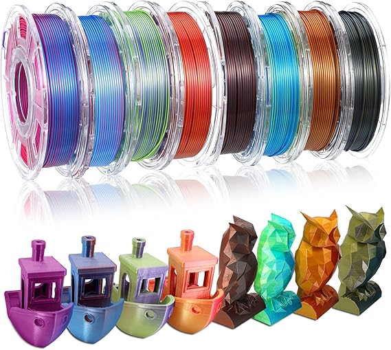 review 8 Pack PLA Filament 1.75mm for 3D Printer, Silk Shiny PLA Filament Bundle, Total 4.4lbs Spool, Dimensional Accuracy +/- 0.03 mm