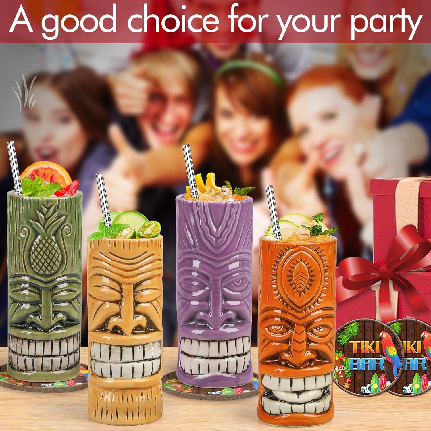 SuproBarware Tiki Mugs Set of 4,Ceramic Hawaiian Creative Tiki Bar Mugs for Cocktails Glasses, Drinking Bar Decorations Premium Tropical Cups Drinks for Exotic Party(4PCS) - Image 5