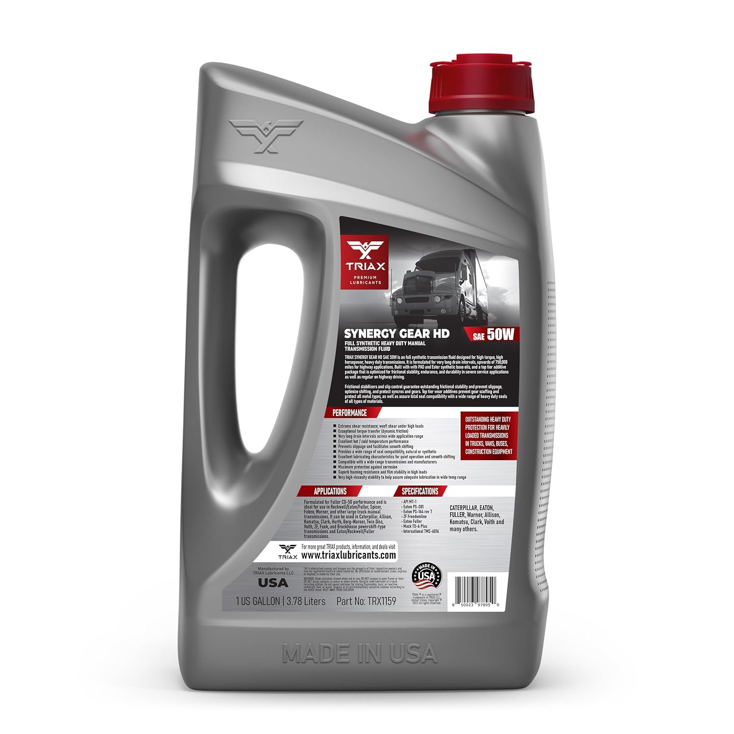 Back of TRIAX Synergy Gear HD 50W bottle with specifications