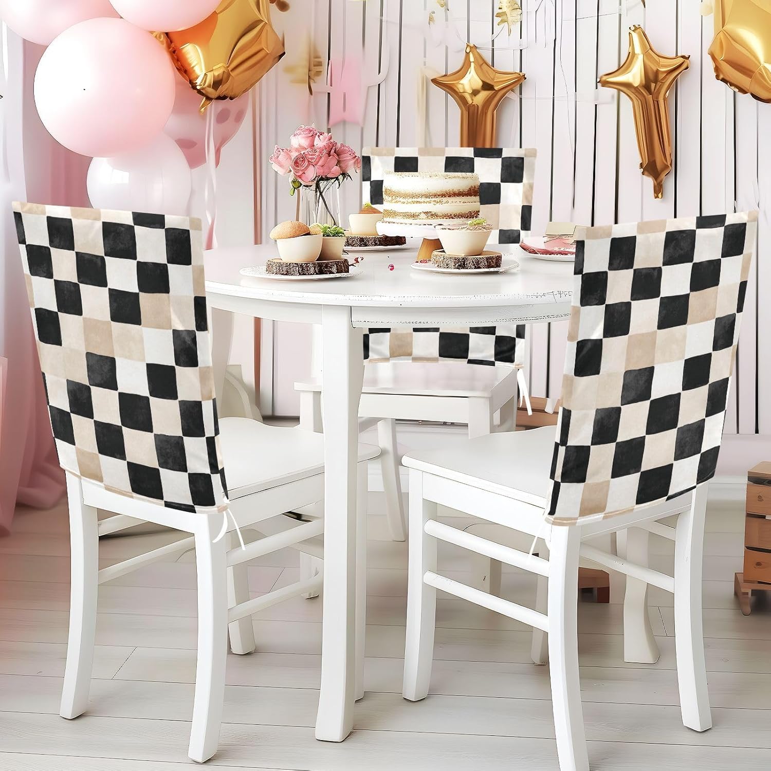 ALAZA Cute Beige Black Plaid Chair Back Cover Set of 6, Washable Reusable Removable Chair Slipcovers Decorative Chair Cover for Home Kitchen Wedding Party