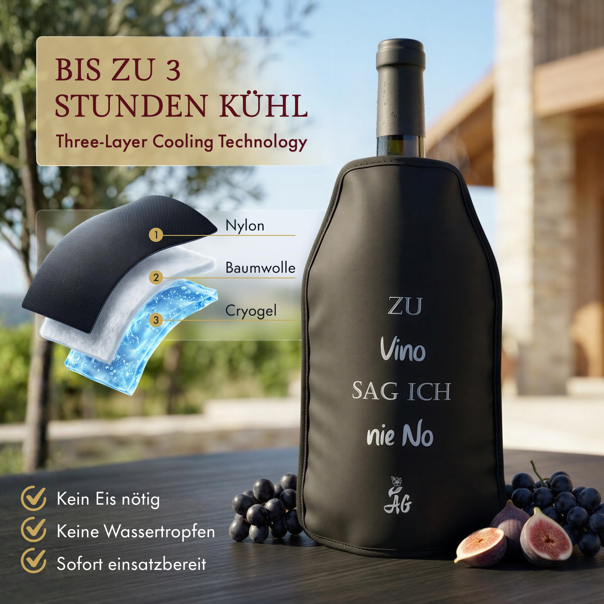 AG Kühlmanschette, Set aus 2 Kühlern, Weinkühler, Flaschenkühler, Sektkühler, Edel und hochwertig mit witzigen Sprüchen, Wiederverwendbar